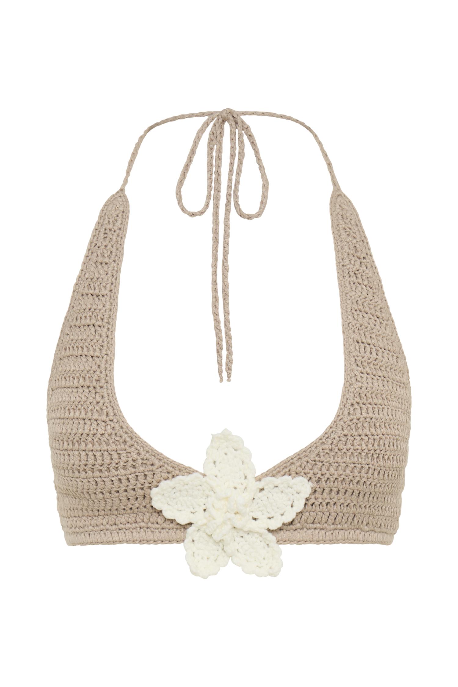 Rhiannon Floral Crochet Halter Bikini Top - Taupe/White Product Image