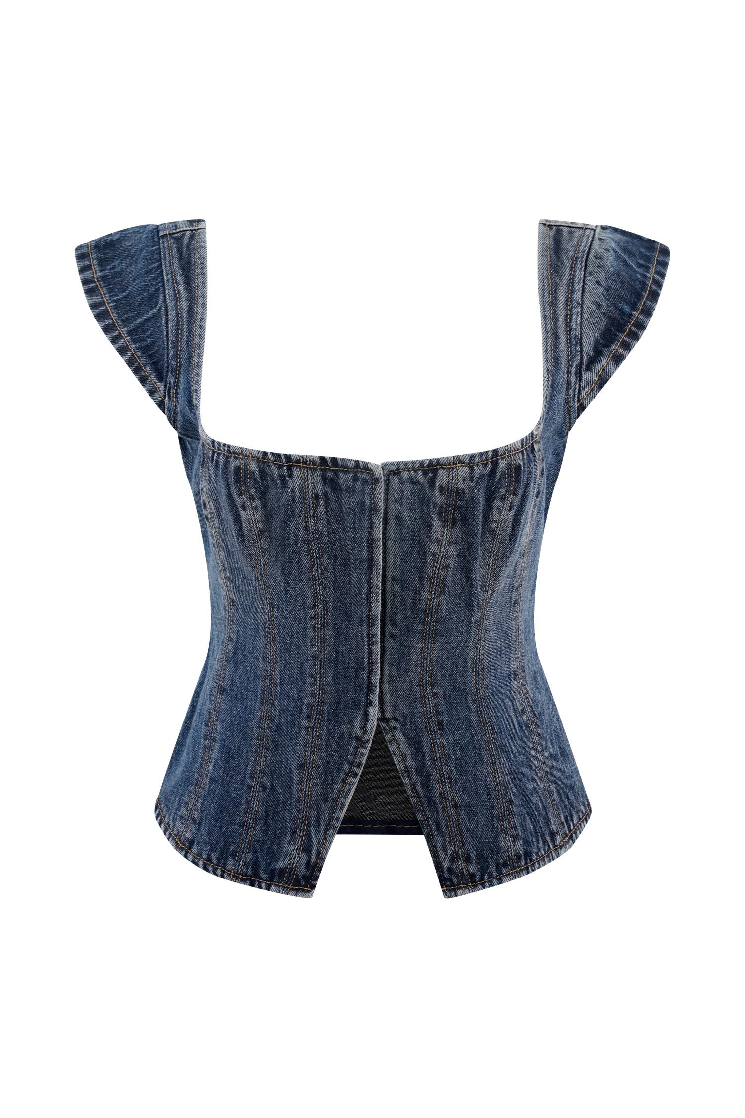 Loretta Cap Sleeve Denim Top - Washed Dark Blue Product Image