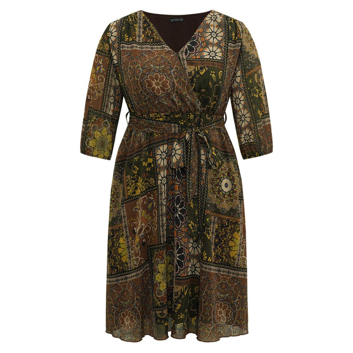 Plus Size Boho Print Wrap Elastic Waist Belted Dress LightBrown Women Vacation Elastic cuffs V-neck Elbow-length sleeve Curvy Midi Dress BloomChic 14-16/1X Product Image