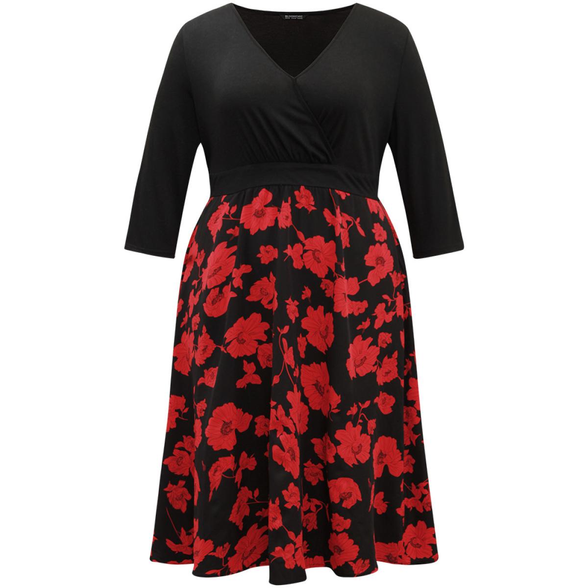 Plus Size Silhouette Floral Print Patchwork Surplice Neck Dress Black Women Elegant Wrap Overlap Collar Elbow-length sleeve Curvy Midi Dress BloomChic 26/4X Product Image