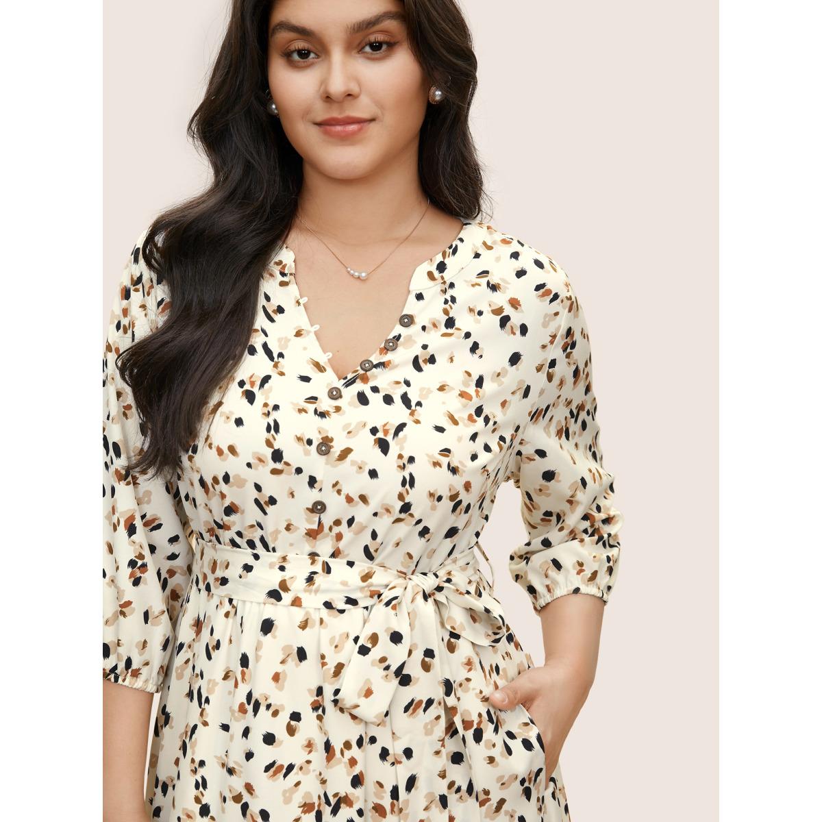 Plus Size Allover Print Notched Belted Button Detail Dress Apricot Women At the Office Non Notched collar Elbow-length sleeve Curvy Midi Dress BloomChic 18-20/2X Product Image