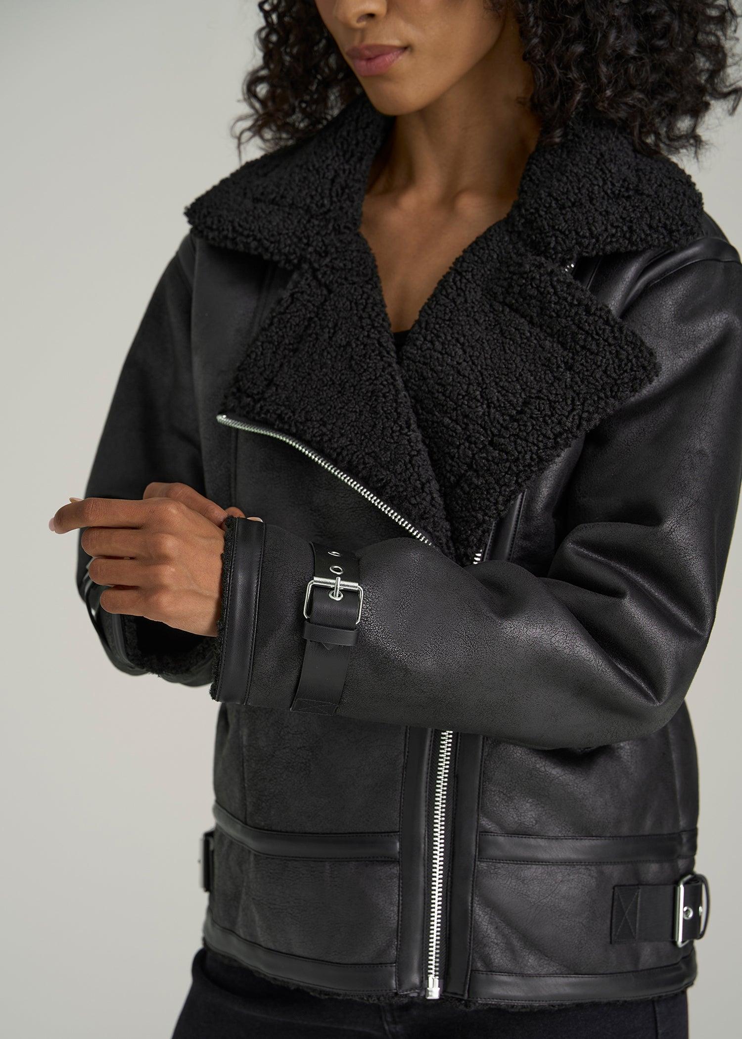 Shearling Moto Jacket for Tall Women in Black Female Product Image