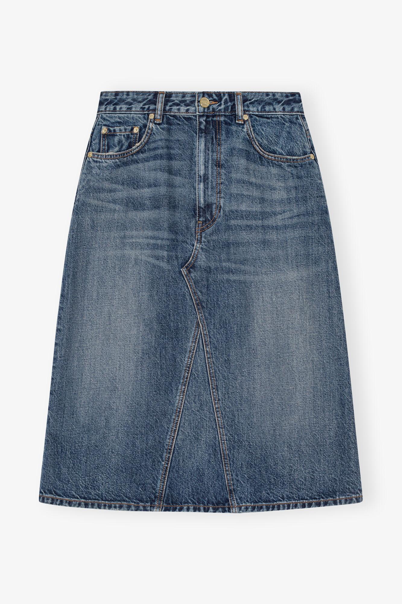 Dark Blue Heavy Washed Denim Midi Skirt Product Image