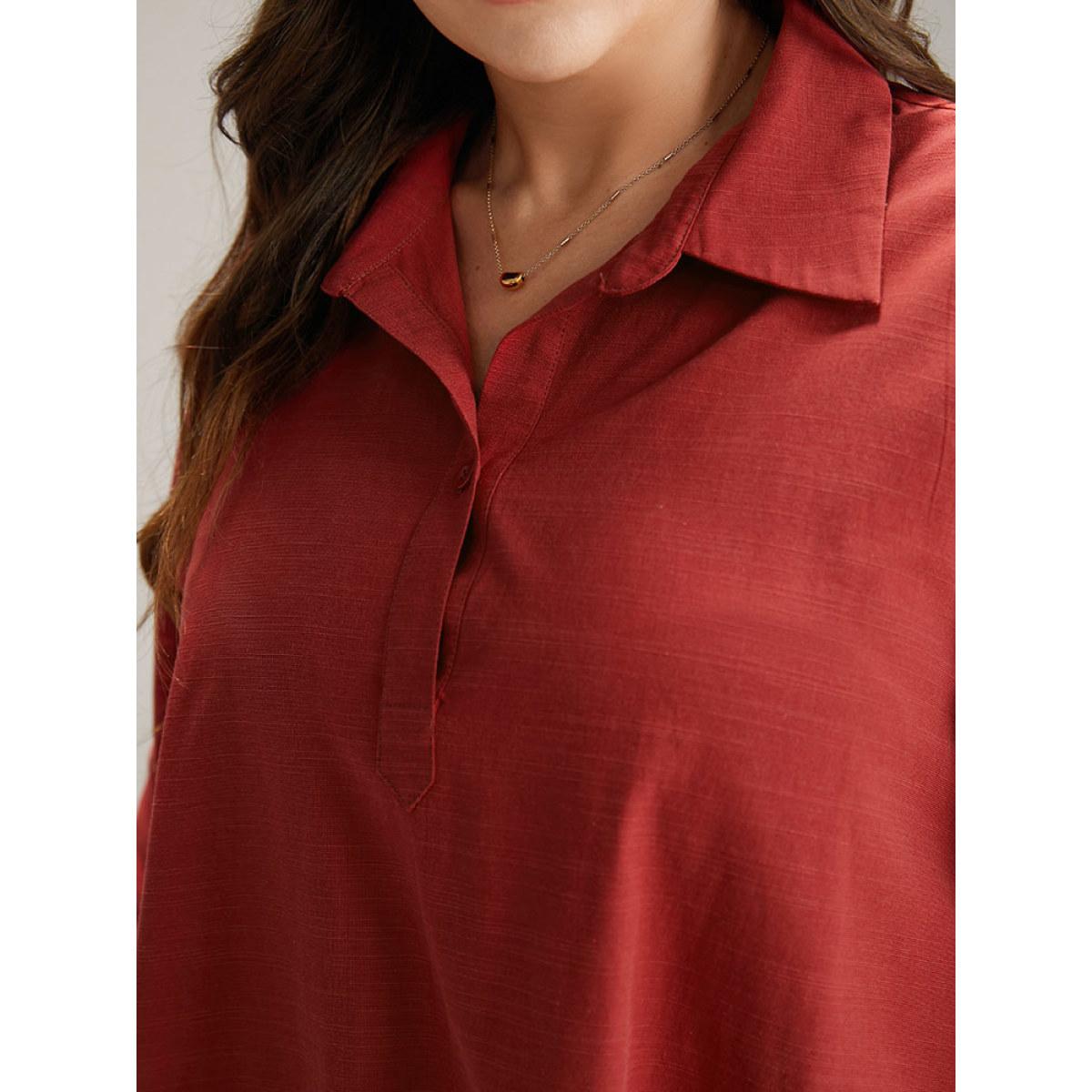 Plus Size Scarlet Cotton Curved Hem Button Down Blouse Women Office Long Sleeve Shirt collar Office Blouses BloomChic 10/M Product Image