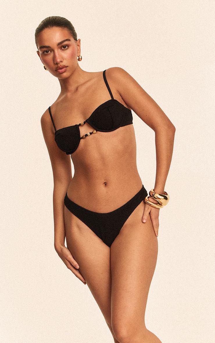Black Textured Bead Trim Underwired Bikini Top Product Image