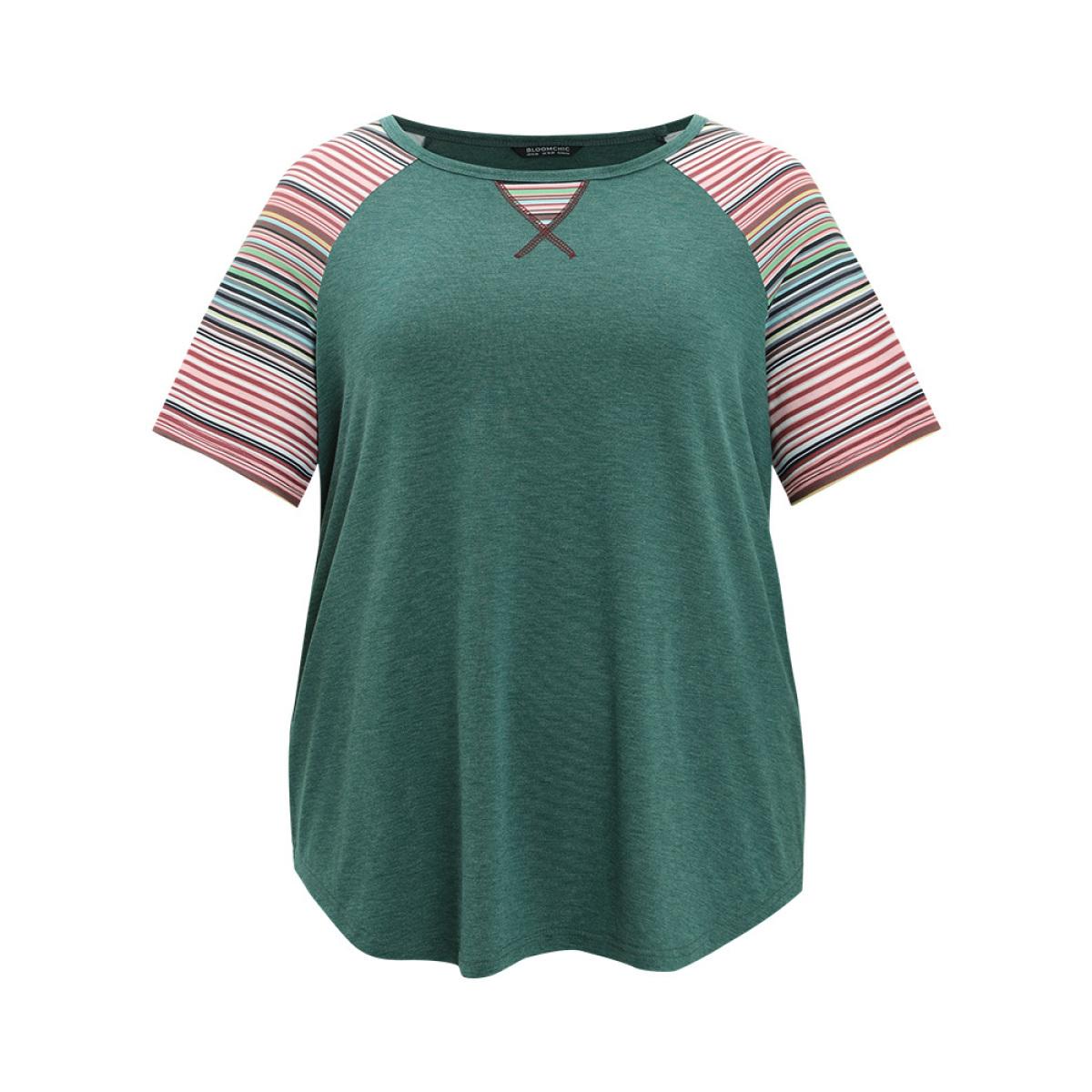 Plus Size Supersoft Essentials Striped Contrast Raglan Sleeve Curved Hem T-shirt DarkGreen Women Casual Contrast Plain Round Neck Everyday T-shirts BloomChic 30/6X Product Image