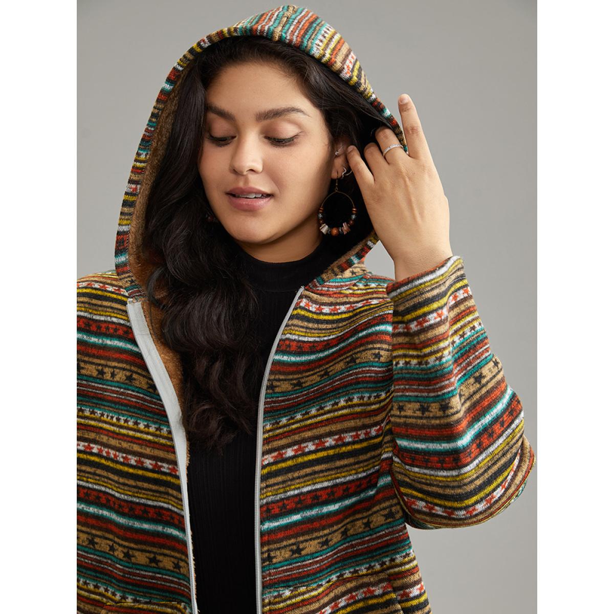 Plus Size Geometric Bandana Fluffy Hooded Zipper Jacket Women Bronze Contrast Pocket Dailywear Jackets BloomChic 10/M Product Image