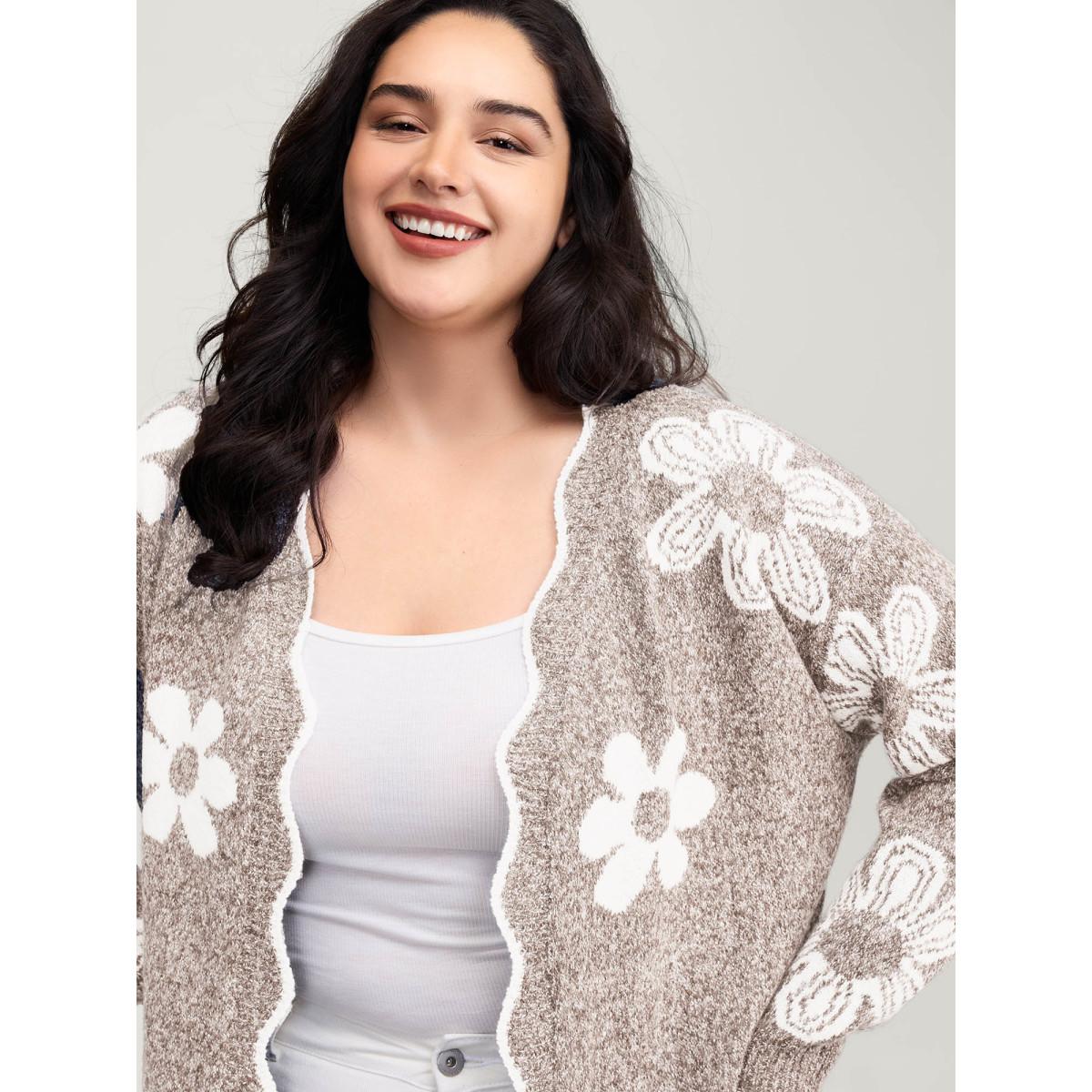 Plus Size Floral Pattern Open-Front Knitted Cardigan Champagne Women Playful Loose Long Sleeve Casual Cardigans BloomChic 22-24/3X Product Image