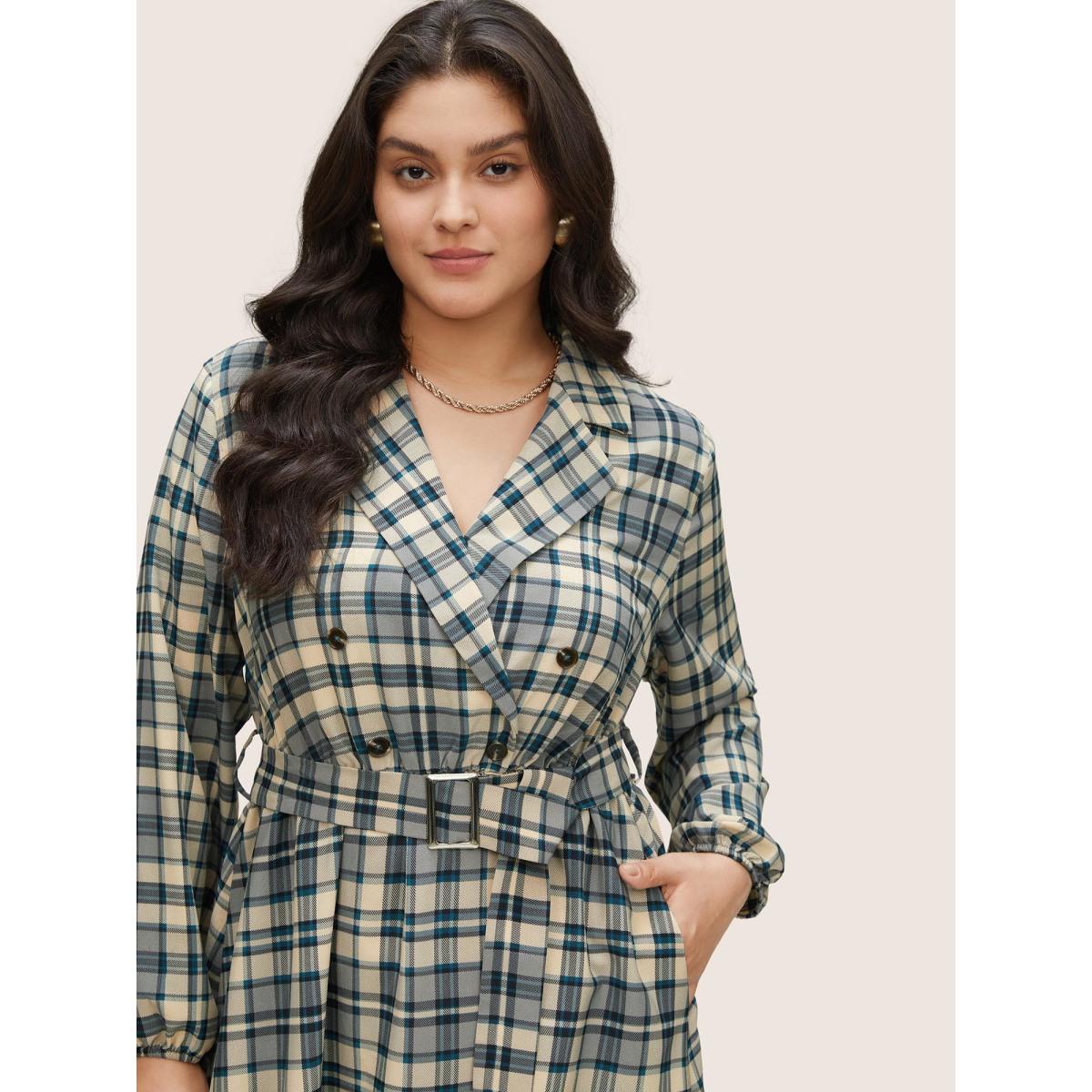 Plus Size Plaid Suit Collar Pocket Belted Dress Stone Women At the Office Non Suit Collar Long Sleeve Curvy Midi Dress BloomChic 28/5X Product Image