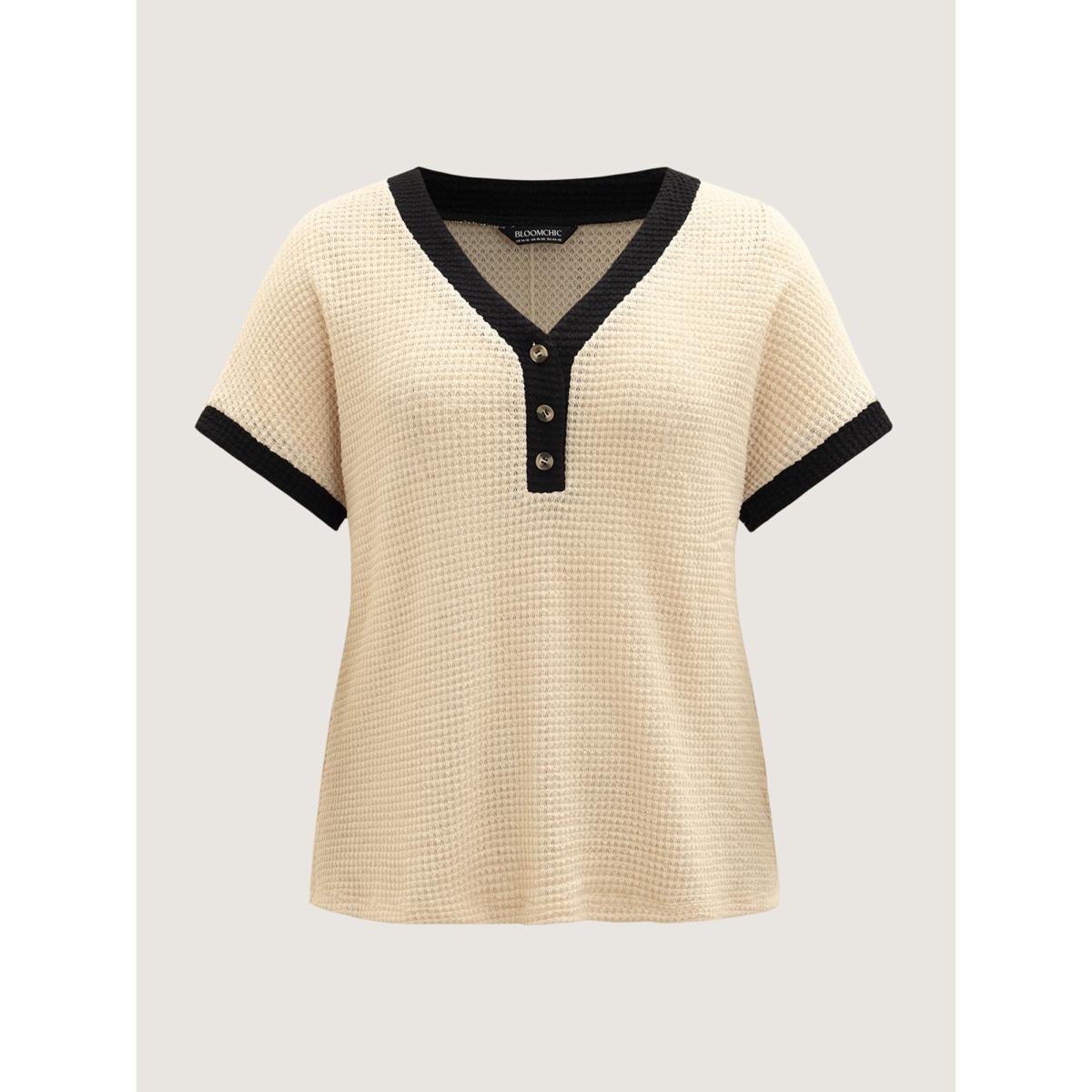Plus Size V Neck Contrast Button Detail Knit T-shirt Apricot Women Leisure Texture V-neck Casual T-shirts BloomChic 22-24/3X Product Image