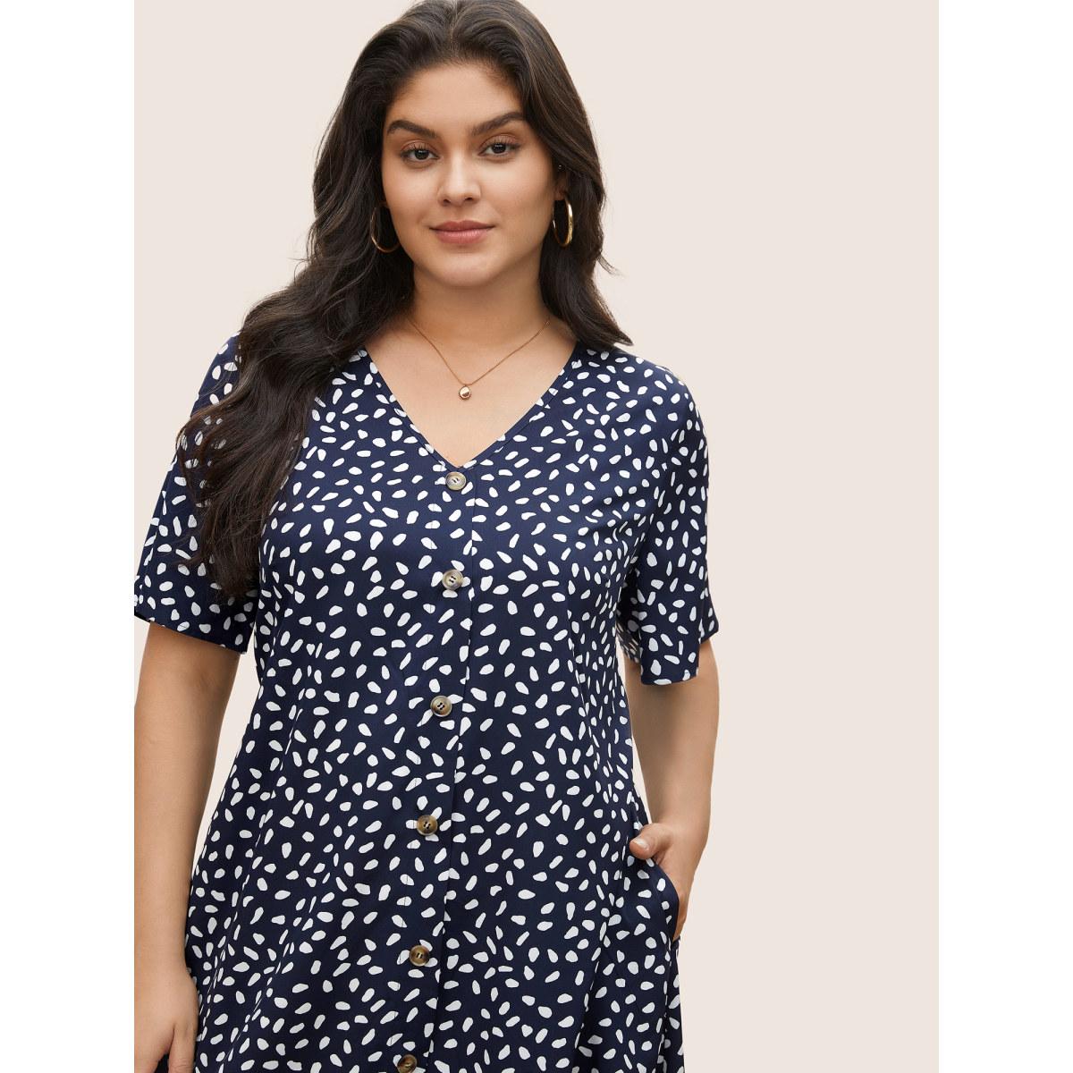 Plus Size Polka Dot Button Detail Flutter Layered Hem Dress DarkBlue Women Casual Non V-neck Short sleeve Curvy Midi Dress BloomChic 18-20/2X Product Image