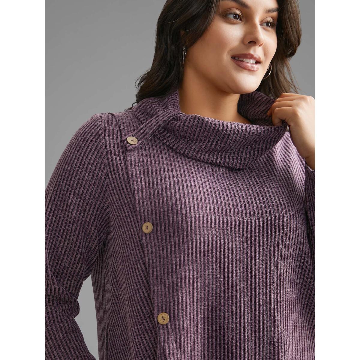 Plus Size Rib Knit Button Detail Wrap Hem Sweatshirt Women Mauve Leisure Overlapping Loose Ruffled collar Casual Sweatshirts BloomChic 12/L Product Image