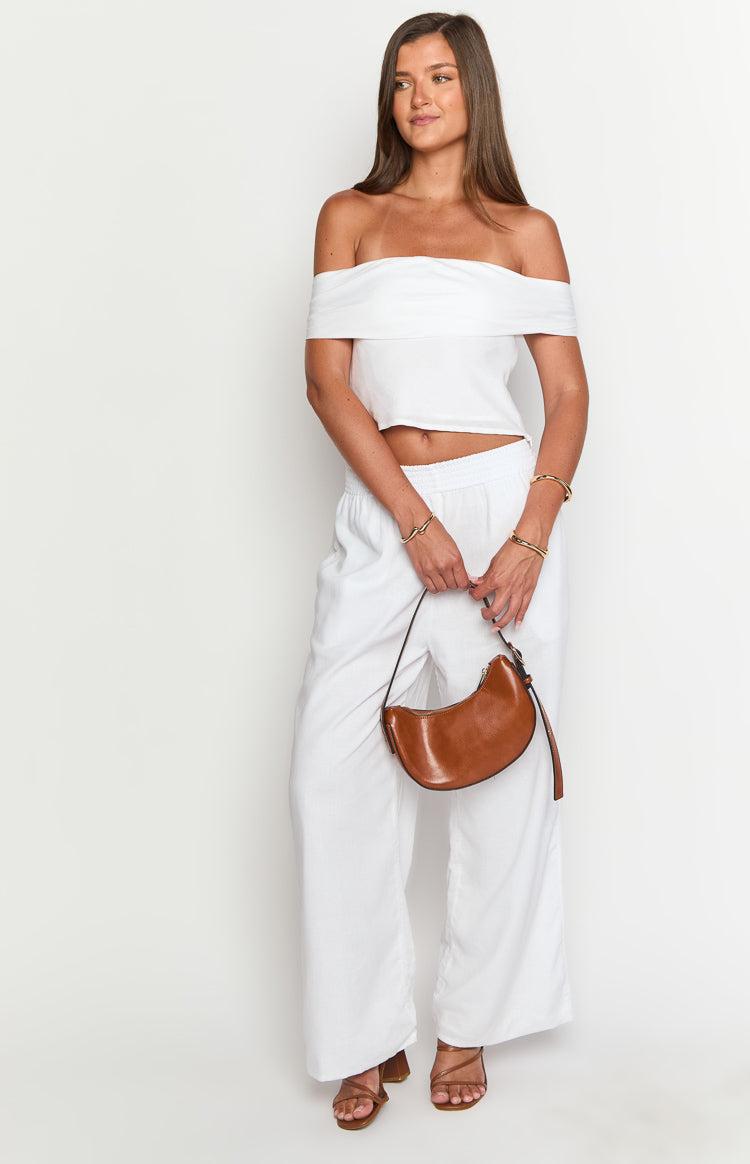 Celsia White Linen Blend Off The Shoulder Crop Top Product Image