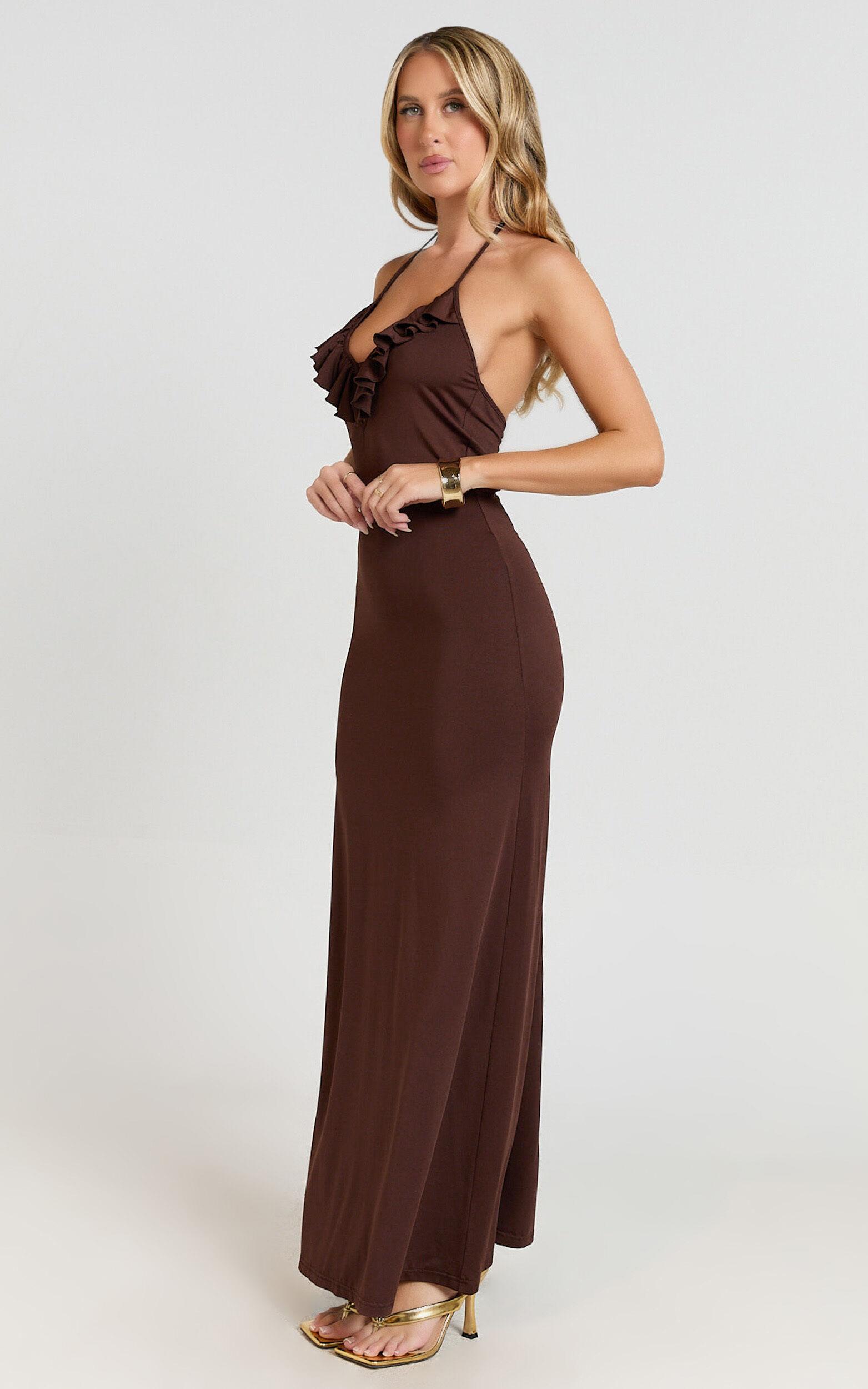 Izira Maxi Dress - Jersey Plunge Keyhole Bodycon Dress in Chocolate Product Image