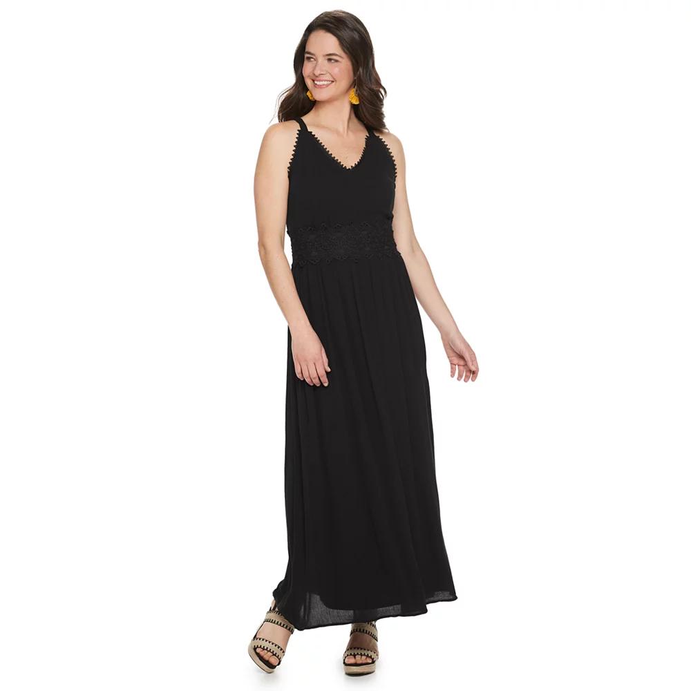 Women's Nina Leonard Crochet Trim Maxi Dress, Size: Small, Black Product Image