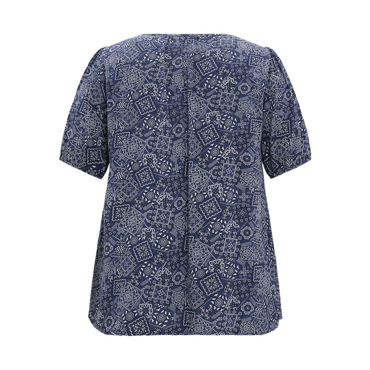 Plus Size Indigo Moroccan Print Keyhole Tie Neck Blouse Women Vacation Short sleeve V-neck Office Blouses BloomChic 28/5X Product Image