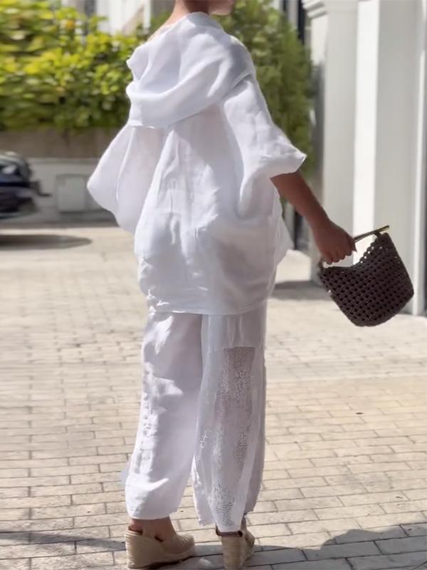 Long Sleeves Loose Asymmetric Pockets See-Through Solid Color Blouses&shirts Tops Product Image