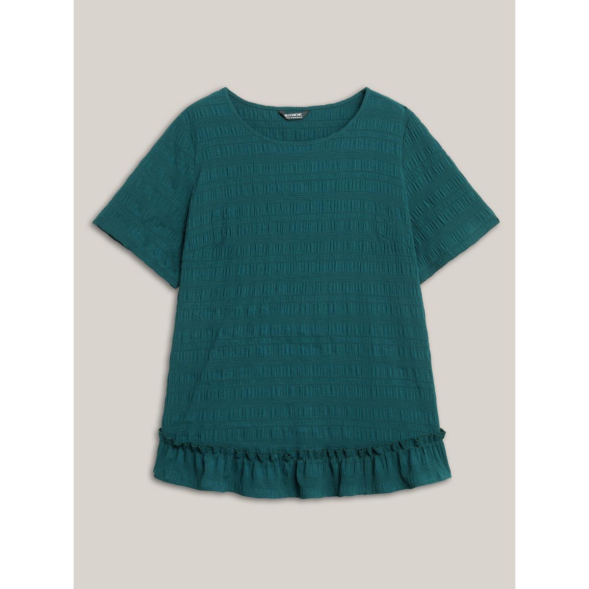 Plus Size Cyan Textured Spliced Ruffle Edge Top Women Leisure Short sleeve Round Neck Casual Blouses BloomChic 18-20/2X Product Image