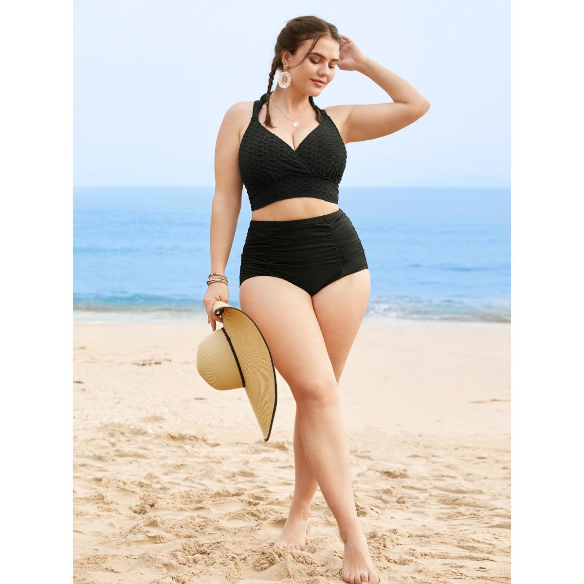 Plus Size Plain Textured Wrap Tie Knot Swim Top Women's Swimwear Black Beach Tie knot High stretch Skinny Overlap Collar Curve Swim Tops BloomChic 22-24/3X Product Image