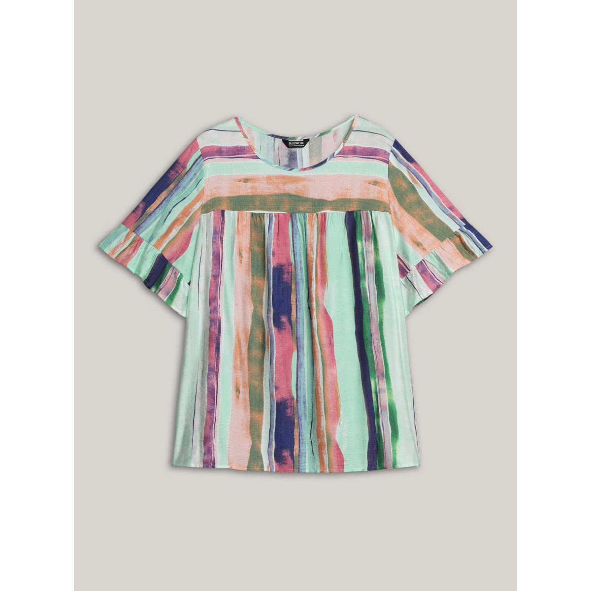 Plus Size Multicolor Multi-Color Striped Curved Hem Shirt Women Casual Half Sleeve Round Neck Everyday Blouses BloomChic 28/5X Product Image