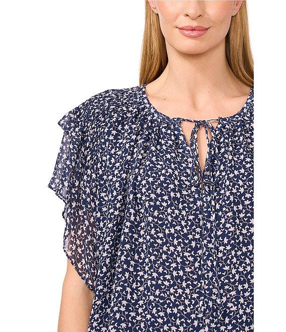 CeCe Woven Floral Print Split Round Tie Neck Ruffle Sleeve Blouse Product Image