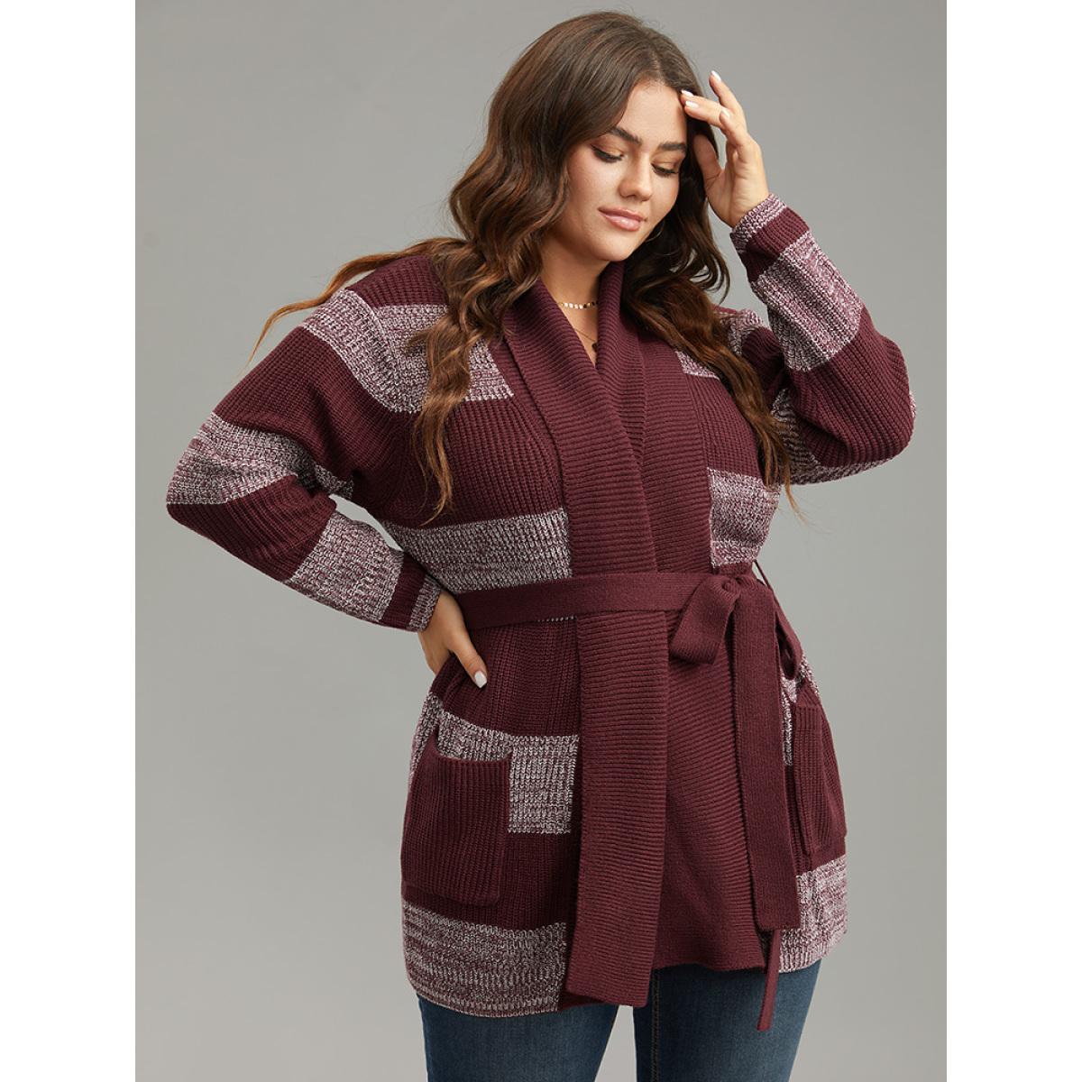 Plus Size Colorblock Heather Belted Pocket Cardigan Burgundy Women Casual Loose Long Sleeve Dailywear Cardigans BloomChic 14-16/1X Product Image