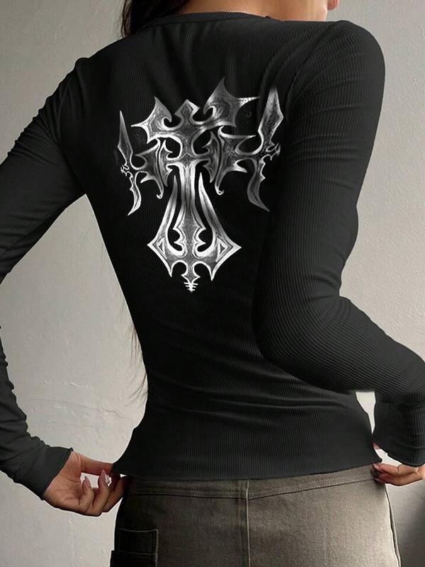 Cross Print V Neck Breasted Long Sleeve Knit Product Image