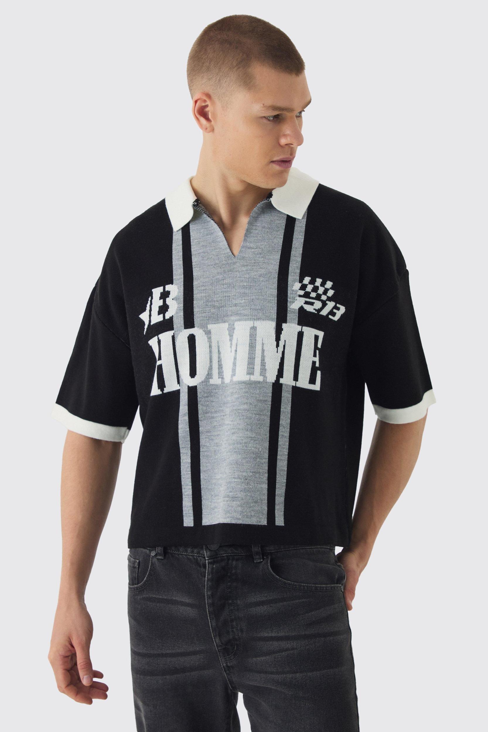Oversized Boxy Football Knitted Polo | boohooMAN USA Product Image