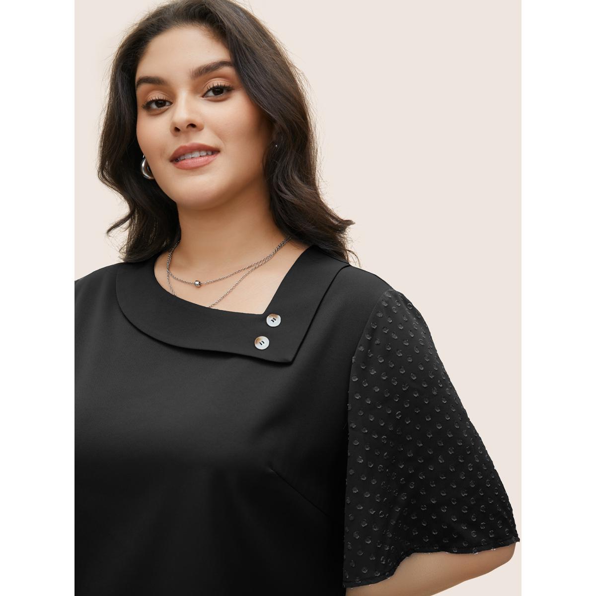 Plus Size Black Patchwork Chiffon Asymmetrical Neck Button Detail Blouse Women At the Office Half Sleeve Asymmetrical Neck Work Blouses BloomChic 30/6X Product Image