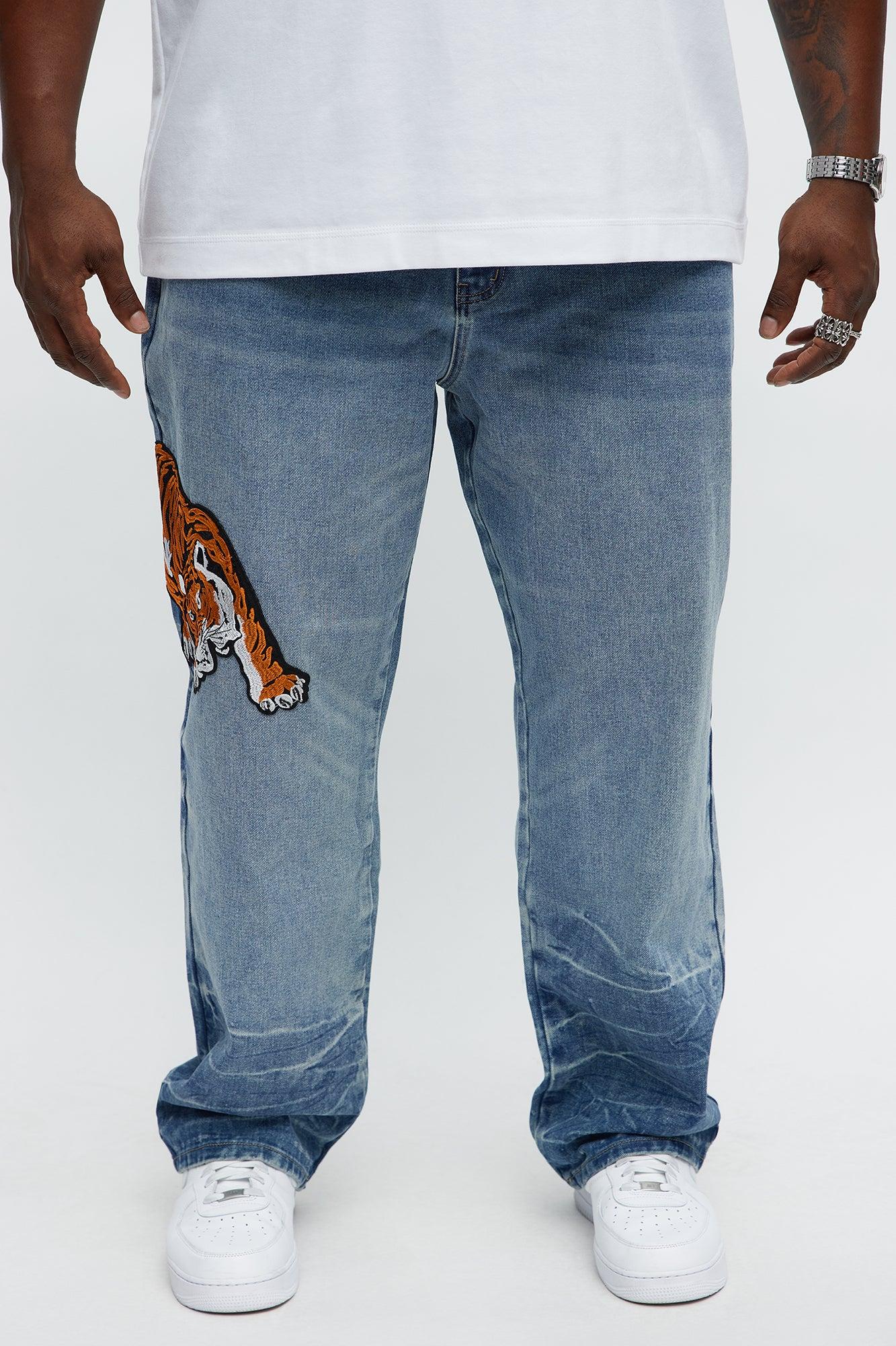 Relaxed Straight Tiger Patch Jeans - Medium Wash Male Product Image