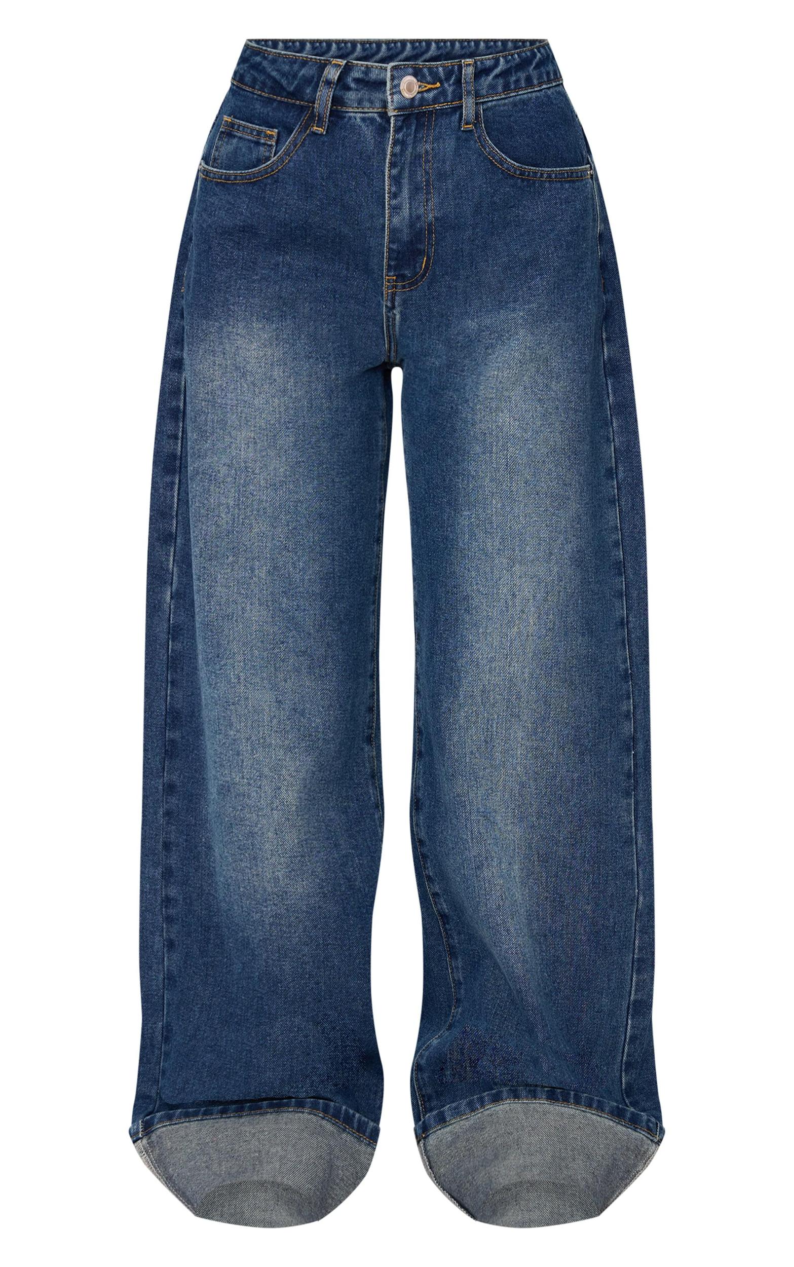 Petite Blue Wide Leg Turn Up Hem Jeans Product Image