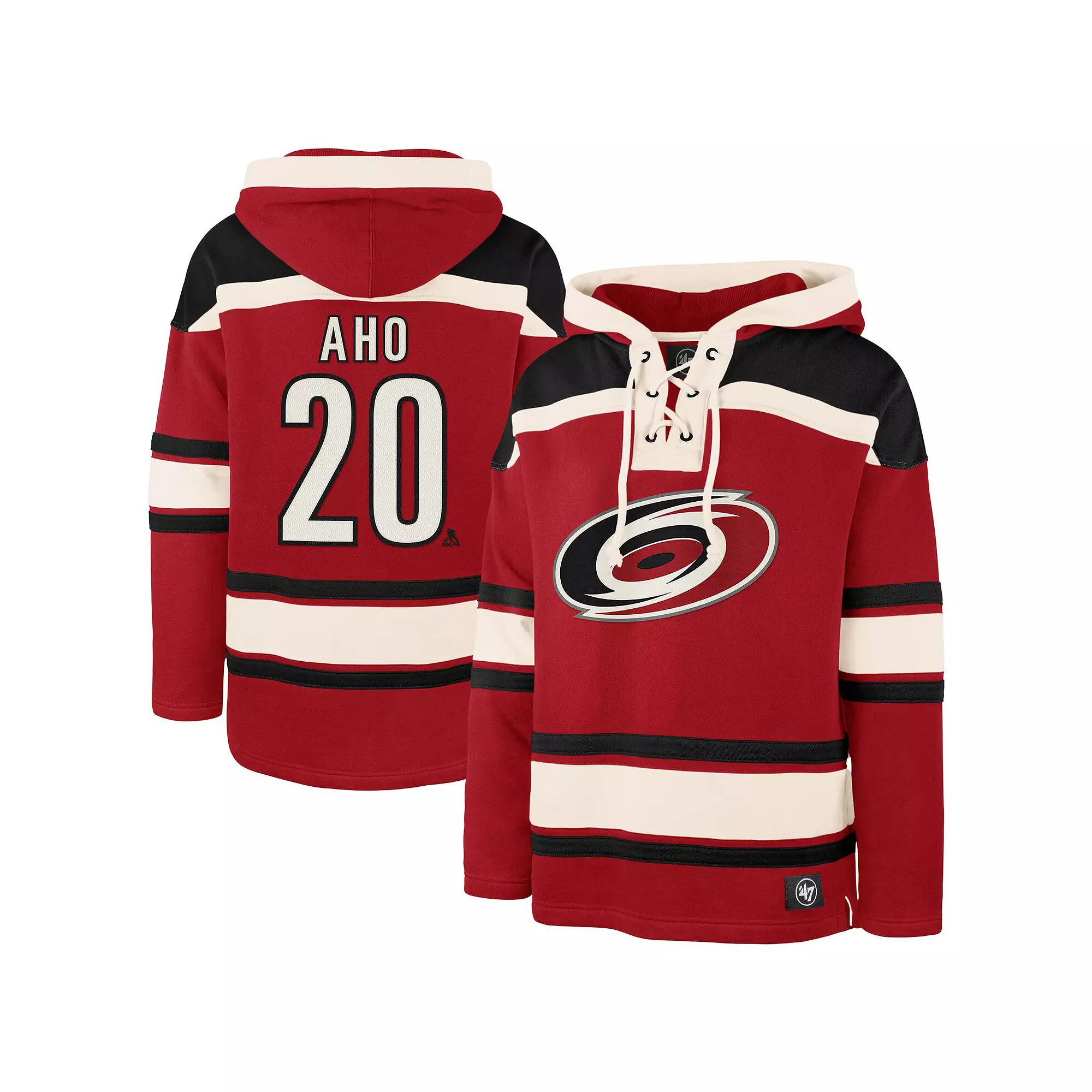 Men's '47 Sebastian Aho Red Carolina Hurricanes Player Name & Number Lacer Pullover Hoodie,  Product Image