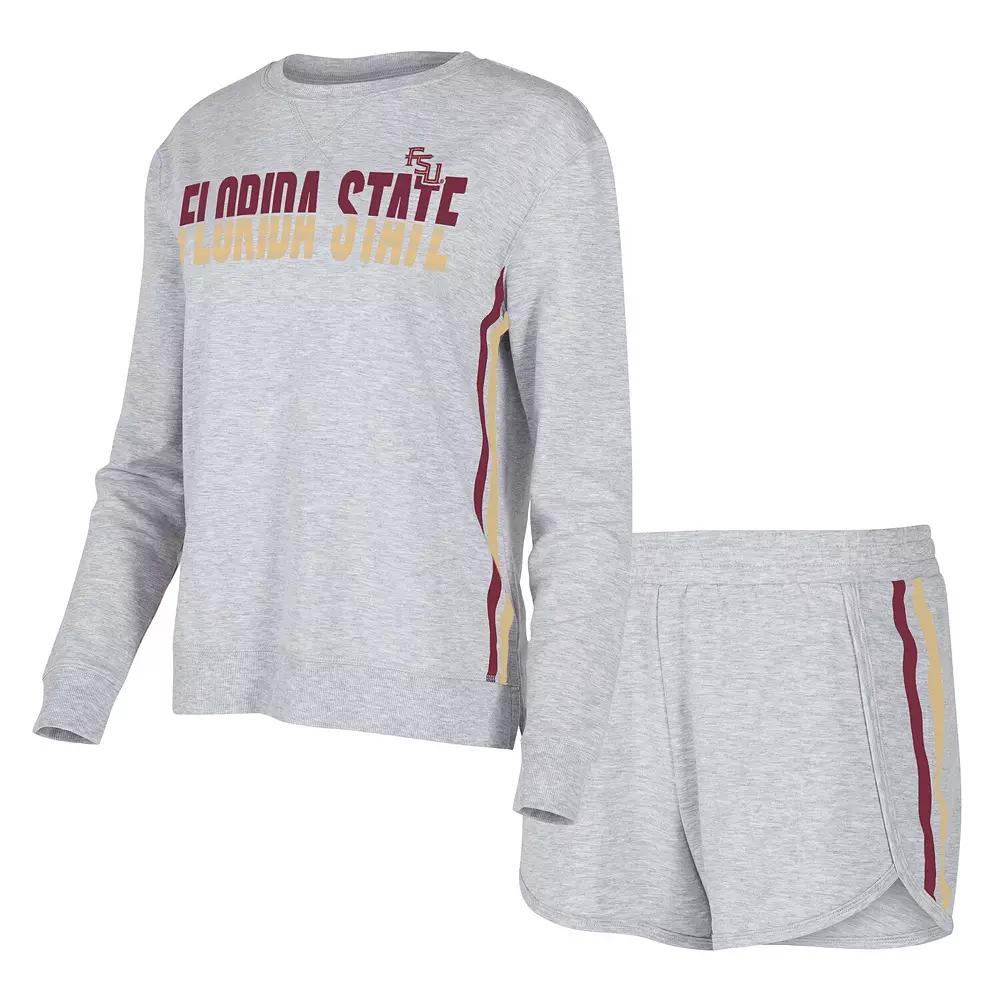 Women's Concepts Sport Gray Florida State Seminoles Cedar Tri-Blend Long Sleeve T-Shirt & Shorts Sleep Set,  Product Image