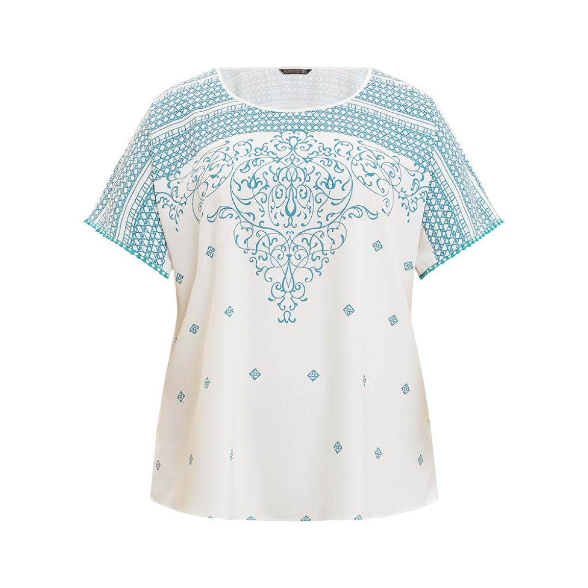 Plus Size White Moroccan Print Batwing Sleeve Pompom Trim Blouse Women Elegant Short sleeve Round Neck Dailywear Blouses BloomChic 26/4X Product Image