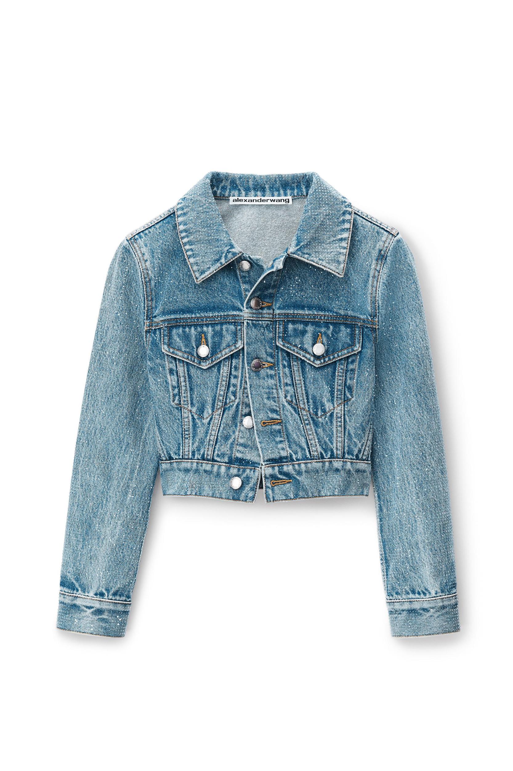 Cropped Denim Trucker Jacket In Clear Hotfix Product Image