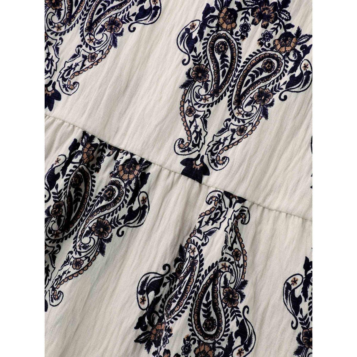 Plus Size Indigo Paisley Print Lotus Leaf Cuffs Blouse Women Short sleeve Round Neck Vacation Blouses BloomChic 12/L Product Image