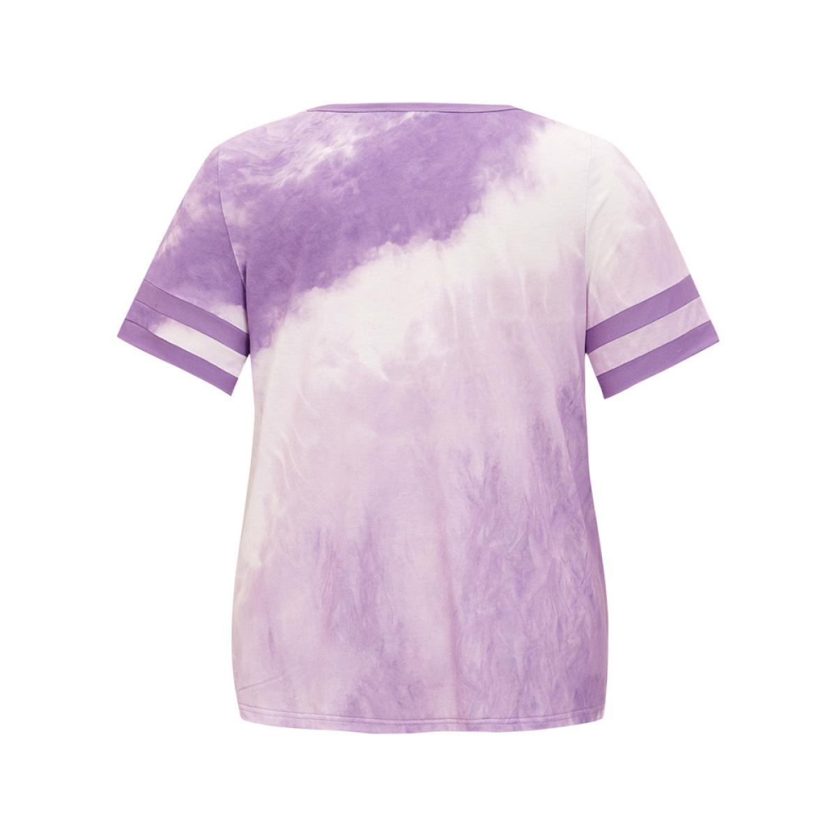 Plus Size Tie Dye V Neck Contrast Trim T-shirt Lilac Women Casual Contrast Tie Dye V-neck Dailywear T-shirts BloomChic 10/M Product Image