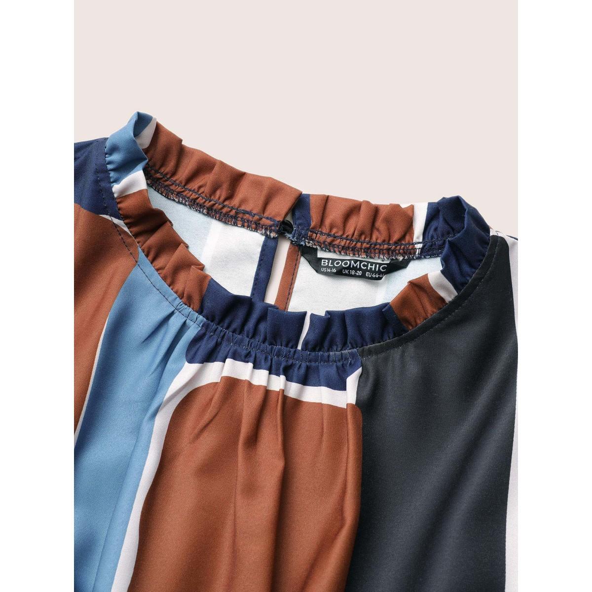 Plus Size Colorblock Contrast Gathered Frill Trim Belted Dress Multicolor Women Elegant Non Mock Neck Long Sleeve Curvy Midi Dress BloomChic 30/6X Product Image