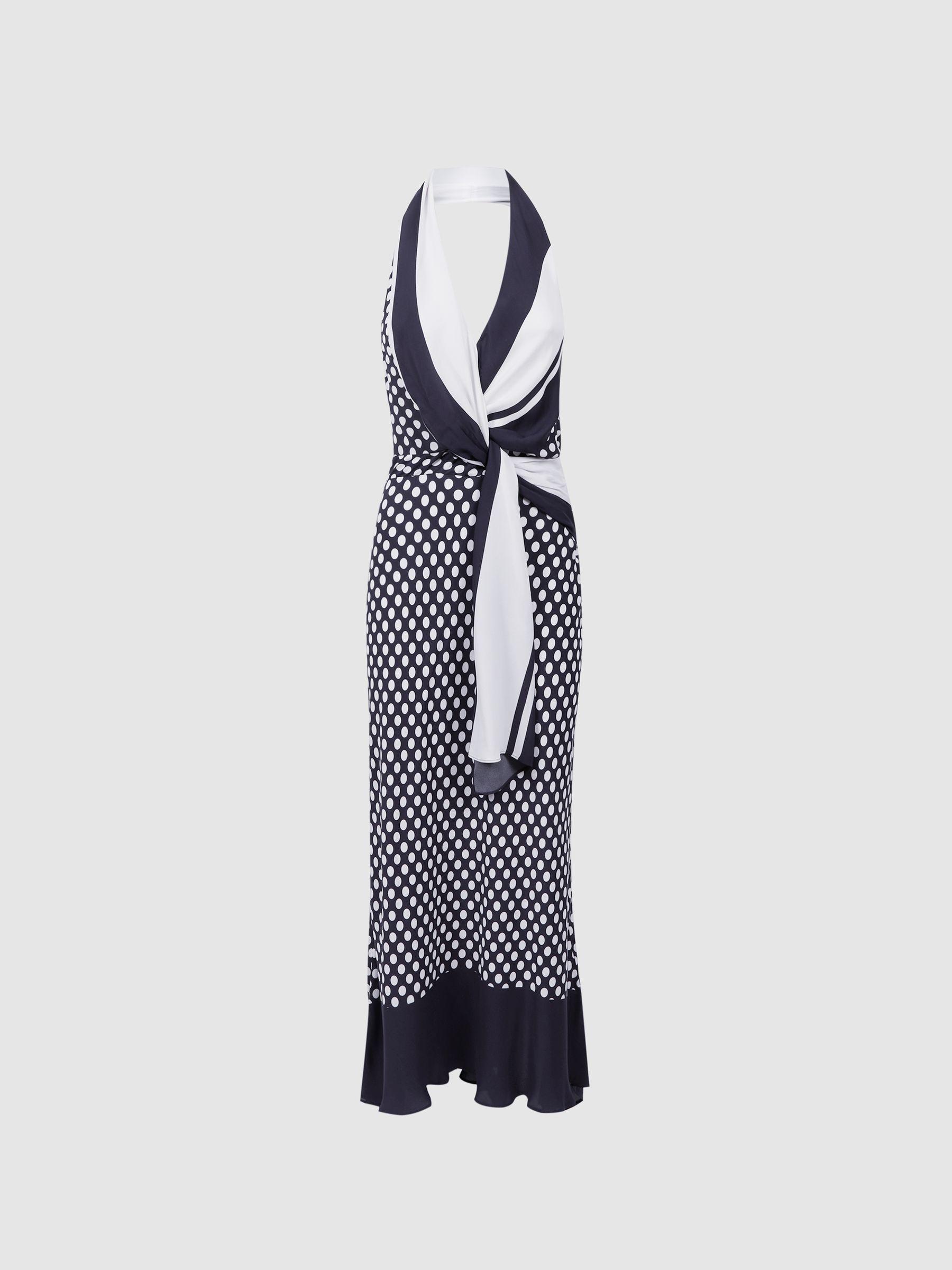 Striped Polka Dot Halter Maxi Dress in Navy/White Product Image