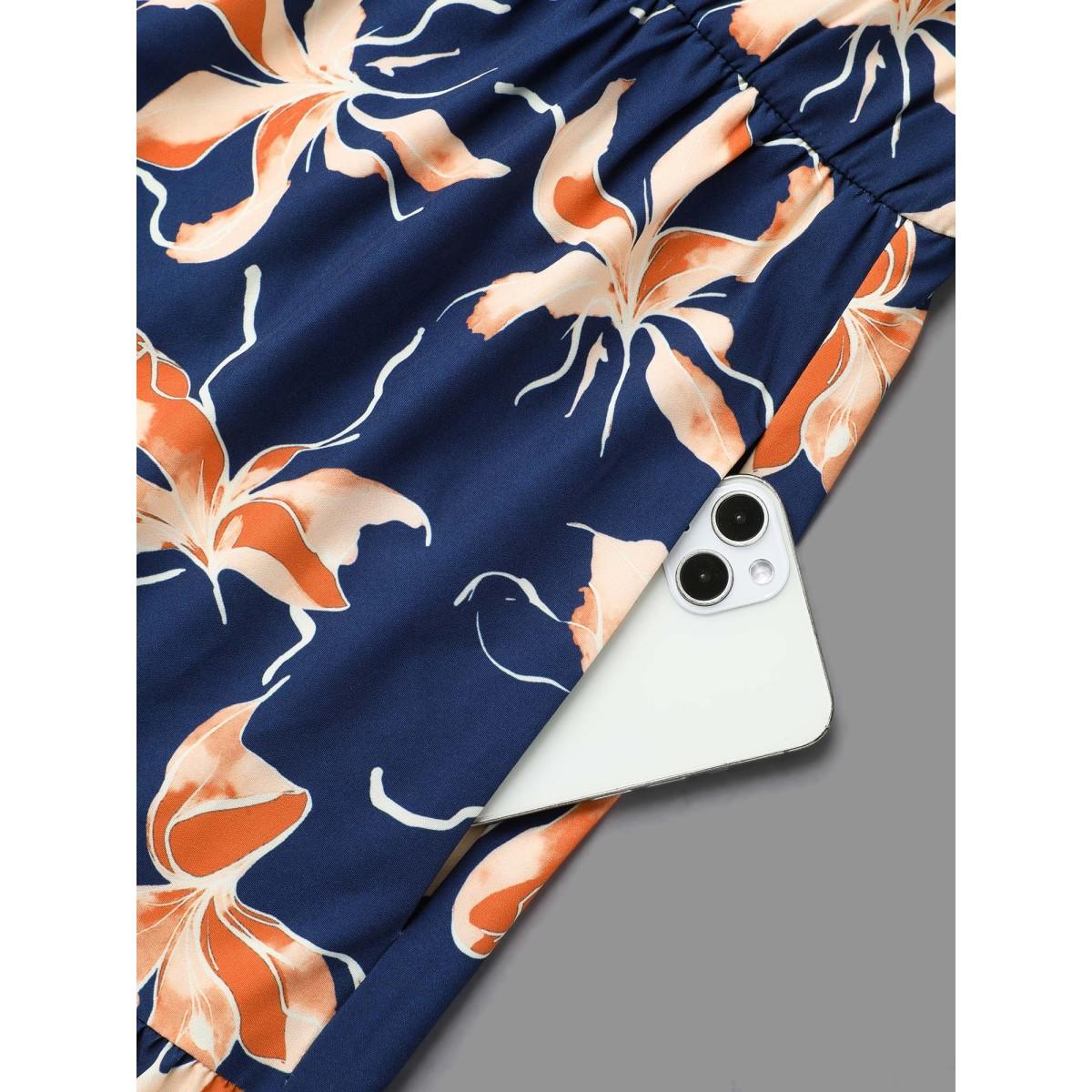 Plus Size Tropical Flower Print Pockets Waist-Tie Midi Dress Navy Women Elegant Tie knot Round Neck Long Sleeve Curvy BloomChic 28/5X Product Image