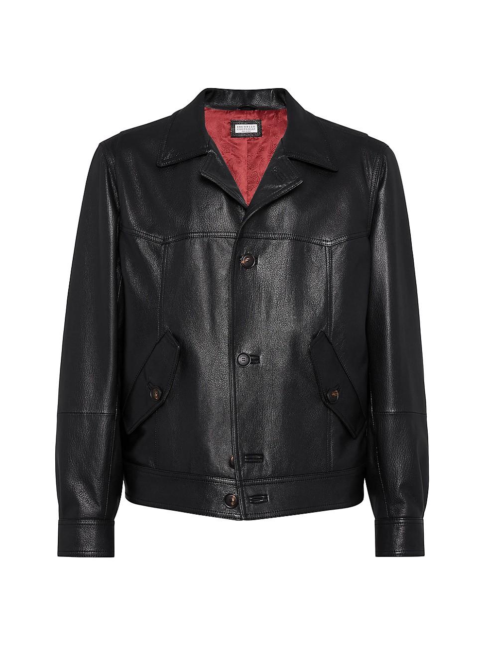 Mens Grained Leather Outerwear Jacket with Camp Collar Product Image
