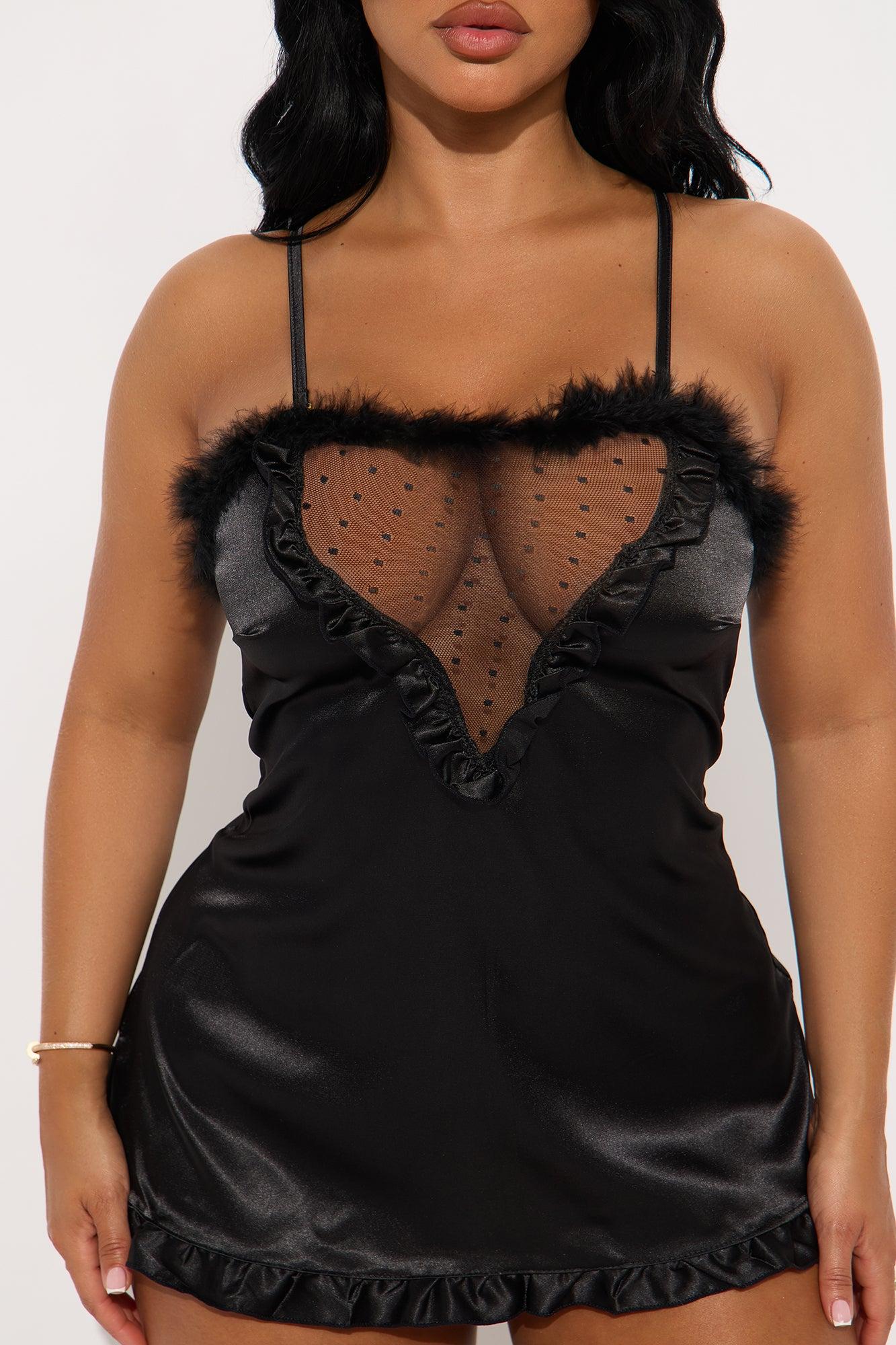 Sneak Peak Feather Trim Open Back Chemise  - Black Female Product Image