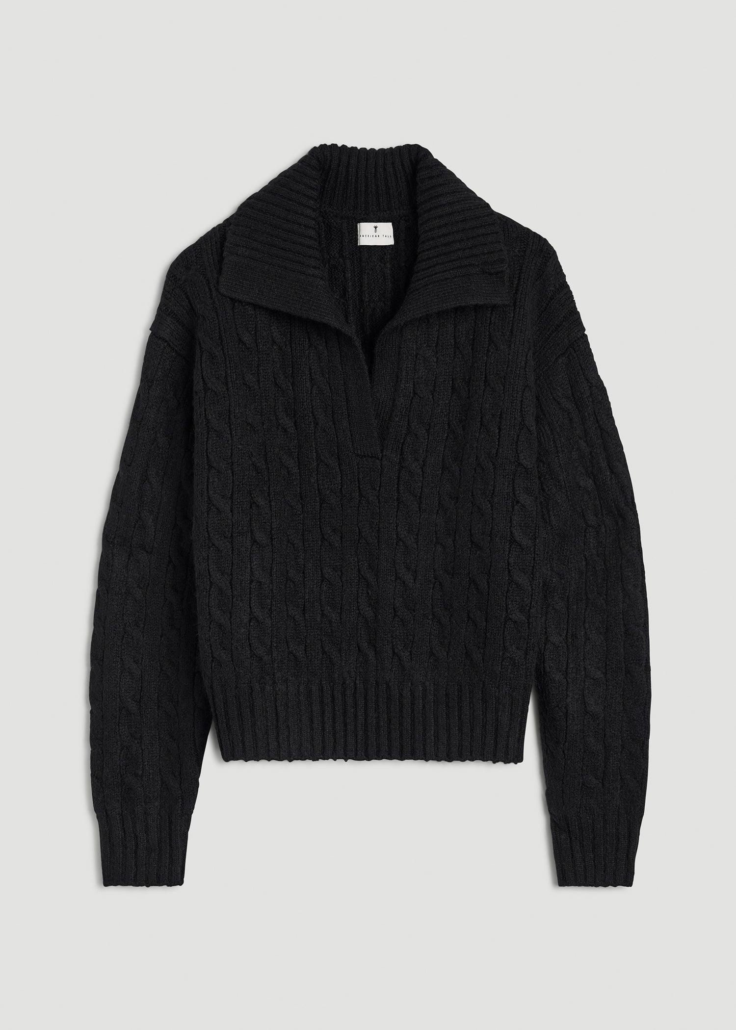 Johnny Collar Cable Knit Sweater for Tall Women in Black Female Product Image