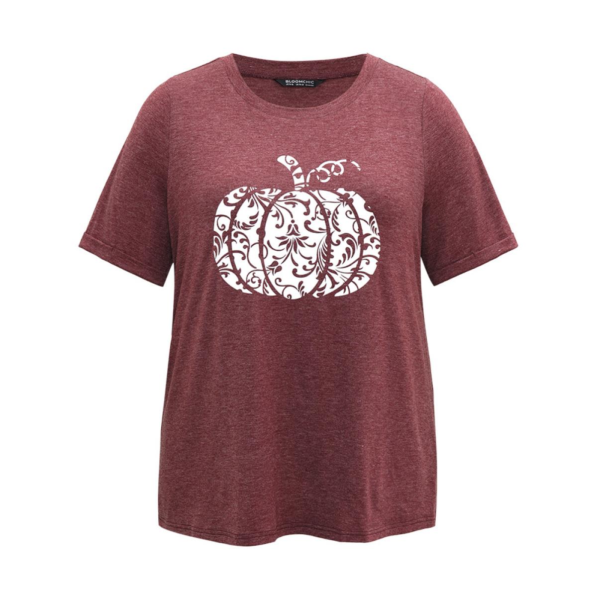 Plus Size Pumpkin Print Round Neck T-shirt Russet Women Casual Printed Art&design Dailywear T-shirts BloomChic 14-16/1X Product Image