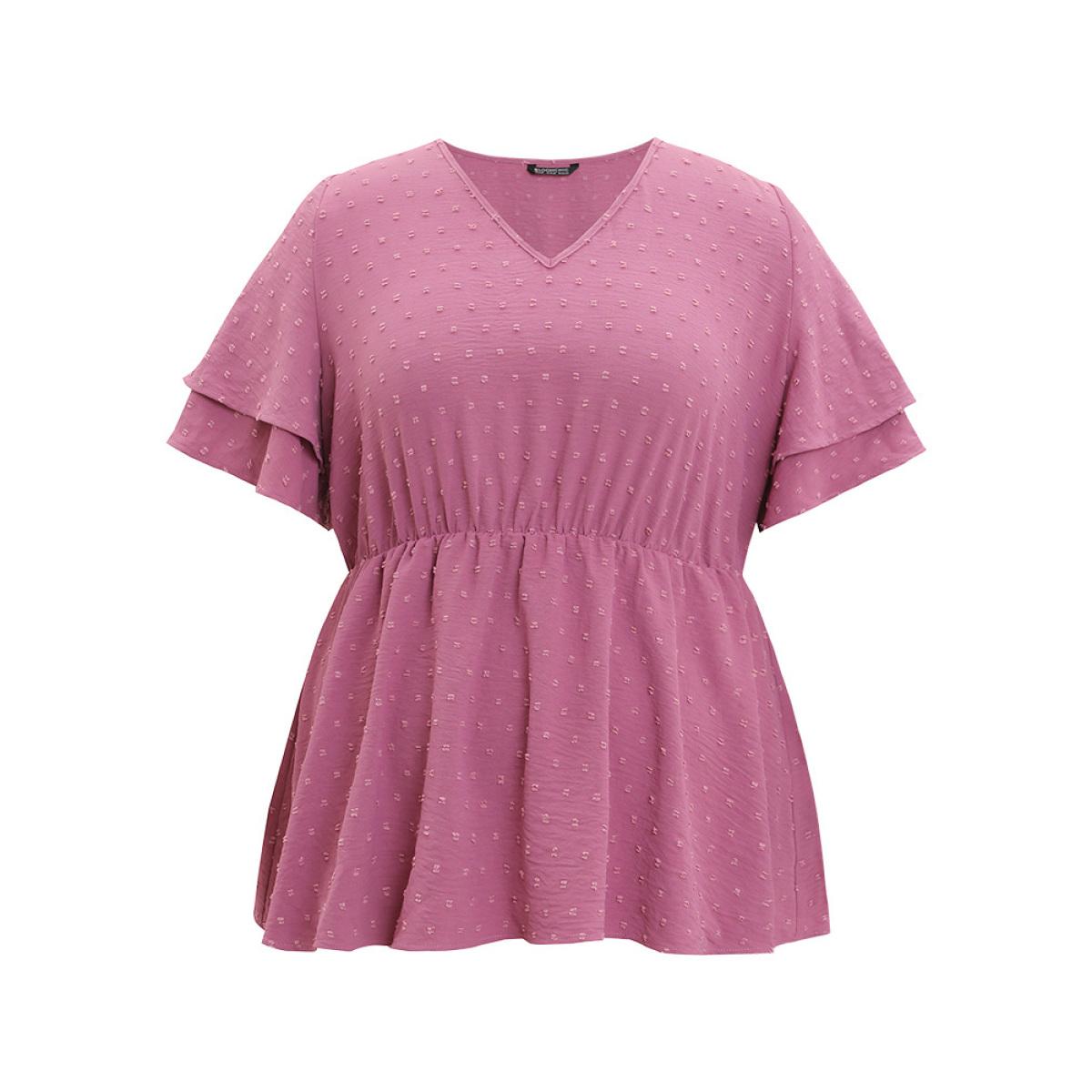Plus Size Purple Polka Dot Elastic Waist Ruffle Sleeve Layered Blouse Women Elegant Short sleeve V-neck Dailywear Blouses BloomChic 10/M Product Image