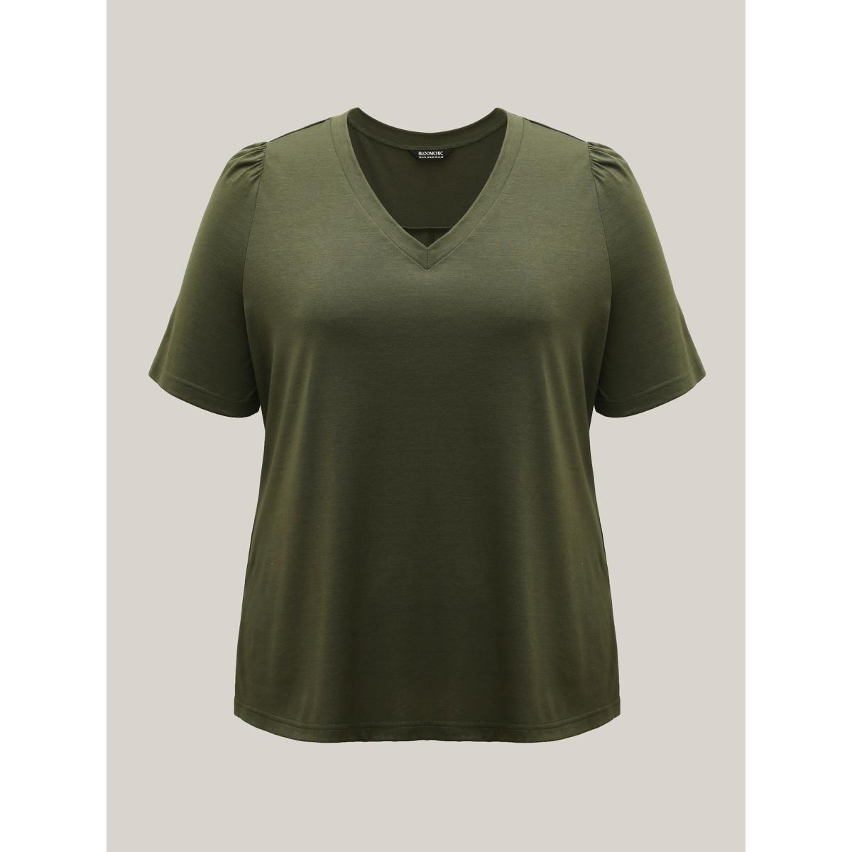 Plus Size Back Pleats V-Neck Split T-Shirt ArmyGreen Women Casual Overlapping V-neck Everyday T-shirts BloomChic 28/5X Product Image