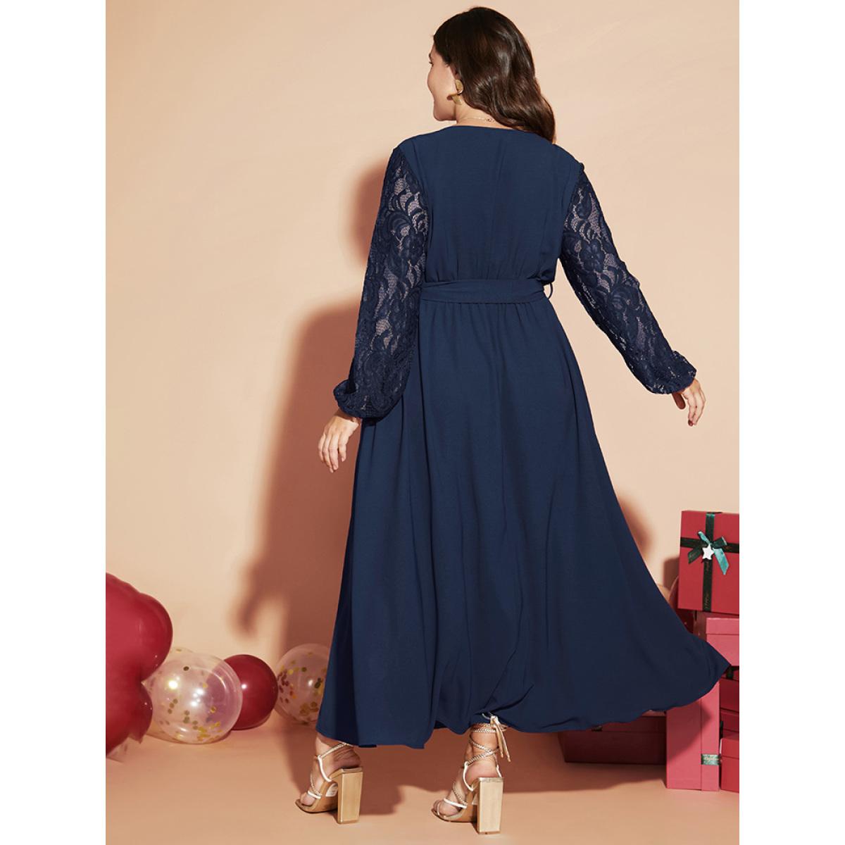 Plus Size Solid Wrap Pocket Lantern Sleeve Lace Belted Maxi Dress DarkBlue Women Elegant V-neck Long Sleeve Curvy Long Dress BloomChic 26/4X Product Image