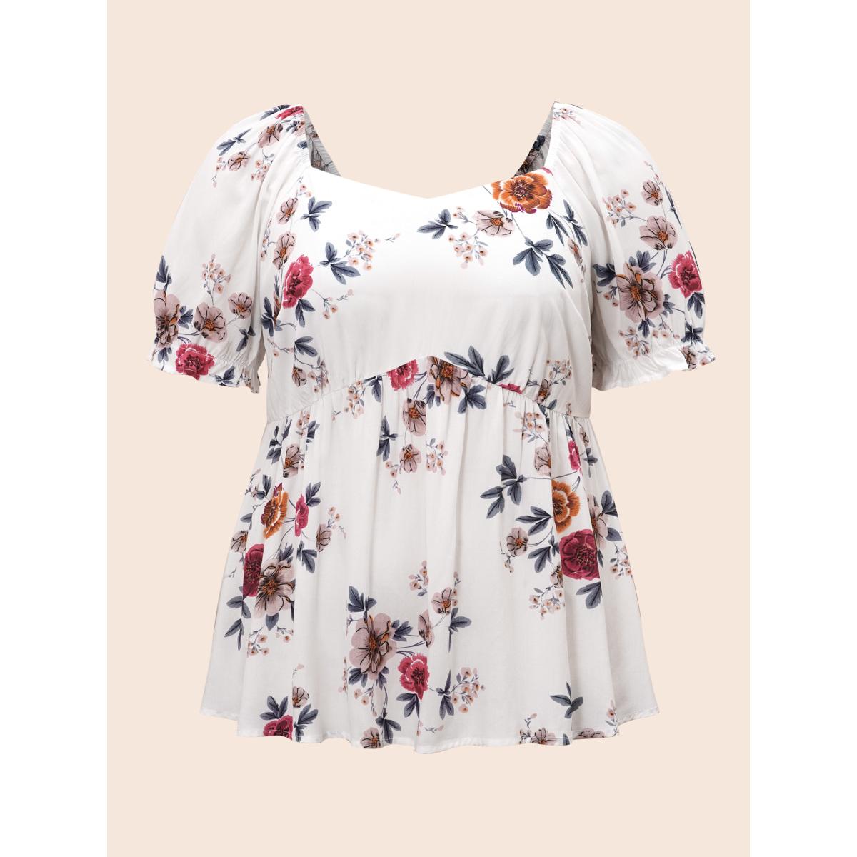 Plus Size White Floral Print Square Neck Gathered Puff Sleeve Blouse Women Elegant Short sleeve Heart neckline Dailywear Blouses BloomChic 12/L Product Image