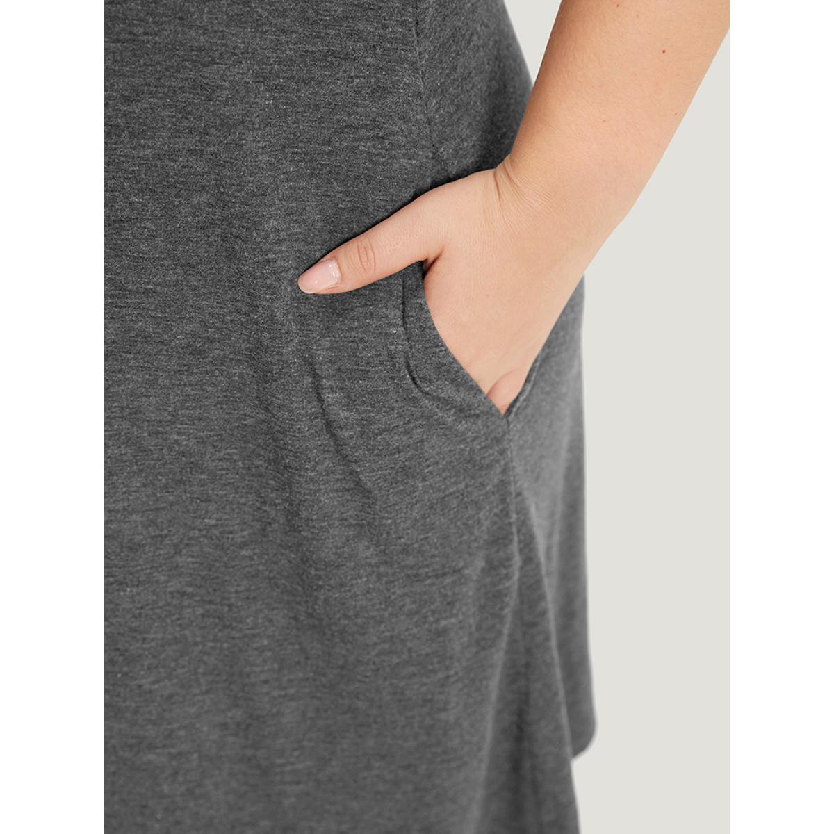 Plus Size Plain Pocket Lace Up Sleeveless Dress DimGray Women Casual Plain V-neck Sleeveless Curvy Midi Dress BloomChic 28/5X Product Image