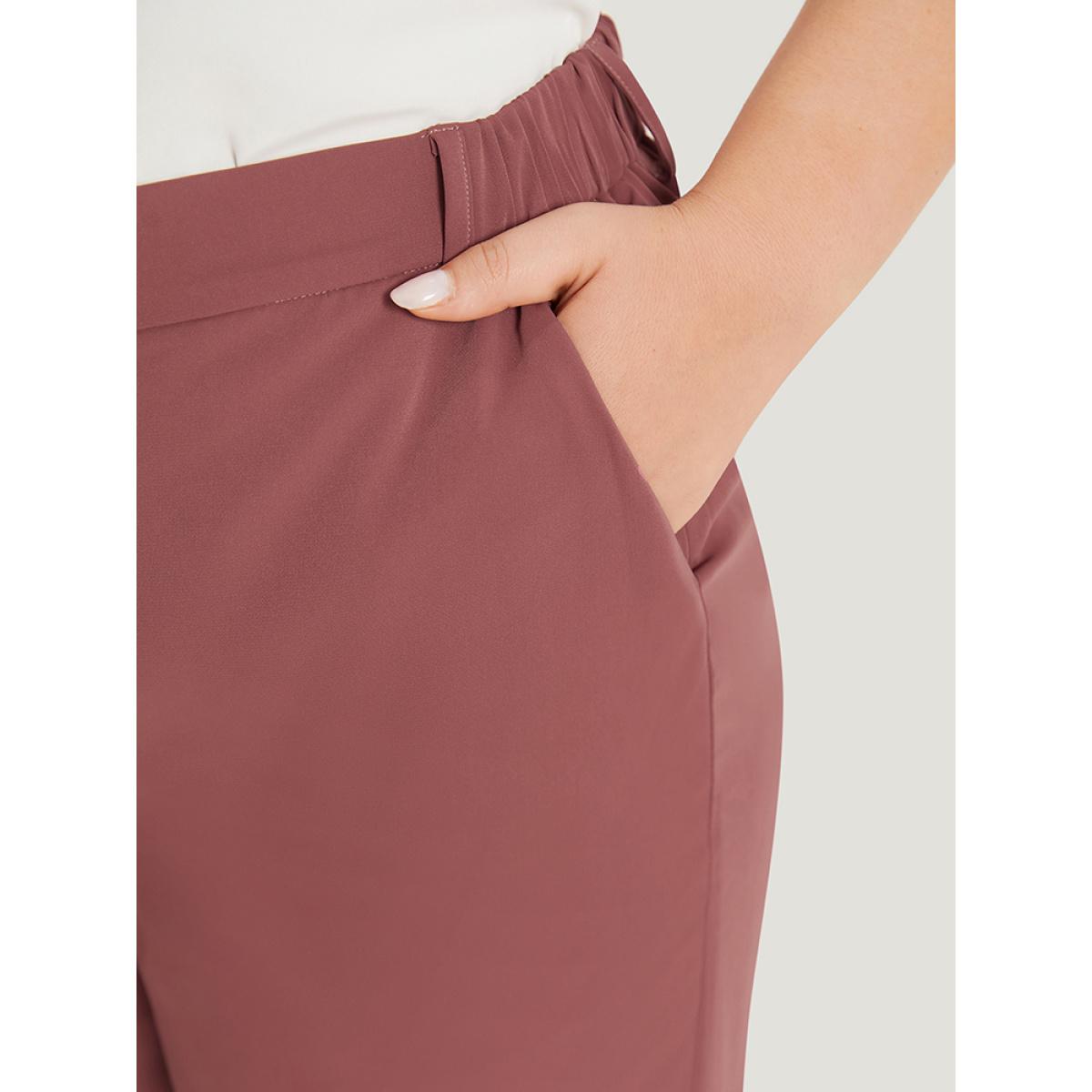 Plus Size Solid Pocket Elastic Waist Straight Leg Pants Women DustyPink Office Straight Leg High Rise Office Pants BloomChic 26/4X Product Image